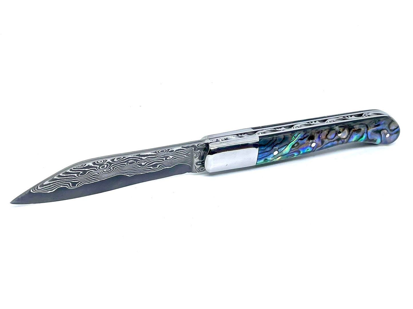 Couteau pliant damas artisanal - Modèle Aurillac lame pliable 10.5 cm Abalone Lame de Damas