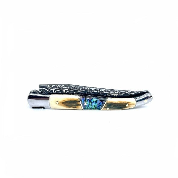 Coutellerie Passarelli - Couteau Laguiole lame pliable 12cm défense bleue de mammouth lame de Damas insert abalone