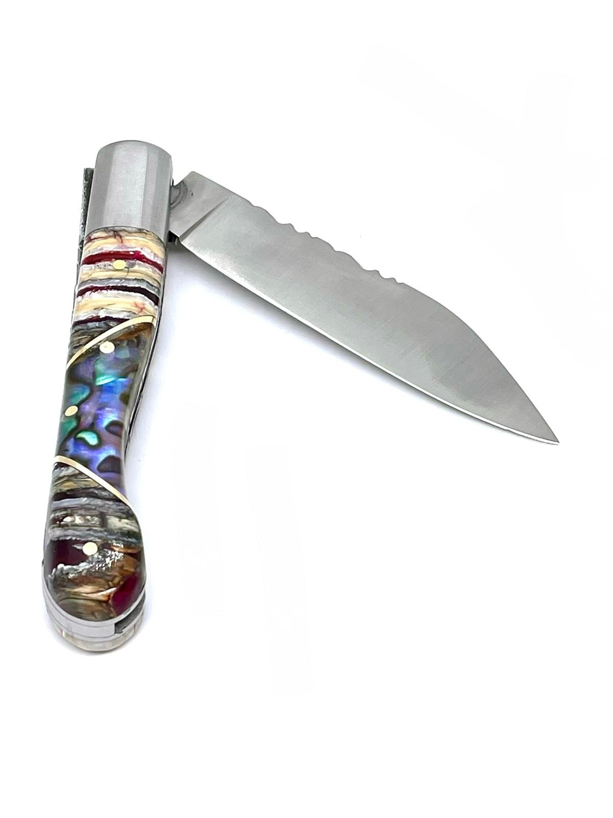 Coutellerie Passarelli - Couteau Aurillac lame pliable 10.5 cm molaire de mammouth teintée et stabilisée abalone