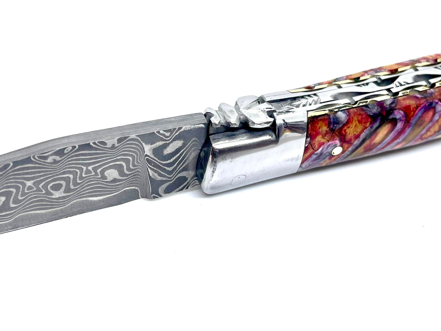 Couteau pliant damas artisanal en Molaire de Mammouth modèle Laguiole