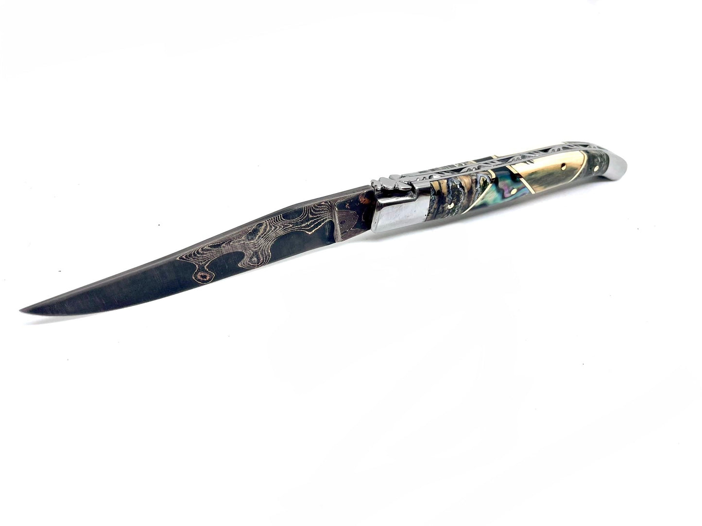 Couteau pliant damas artisanal - Laguiole Molaire de Mammouth teintée et stabilisée, défense bleue de mammouth et abalone, lame de Damas pliable 12 cm TigerMai-Raindrop