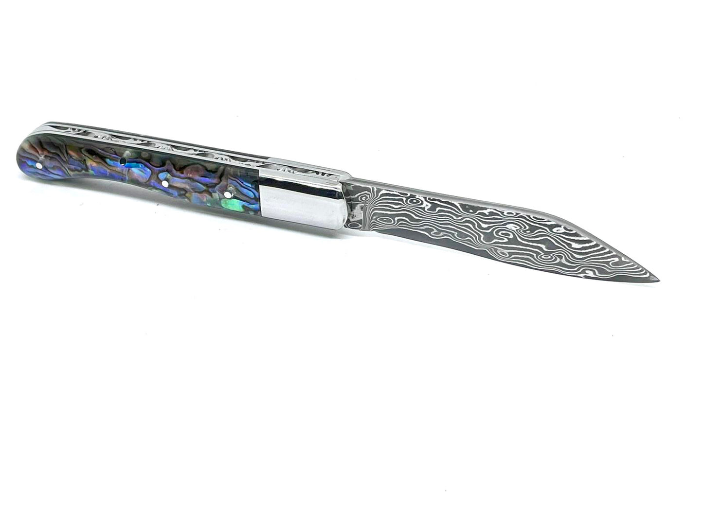 Couteau pliant damas artisanal - Modèle Aurillac lame pliable 10.5 cm Abalone Lame de Damas