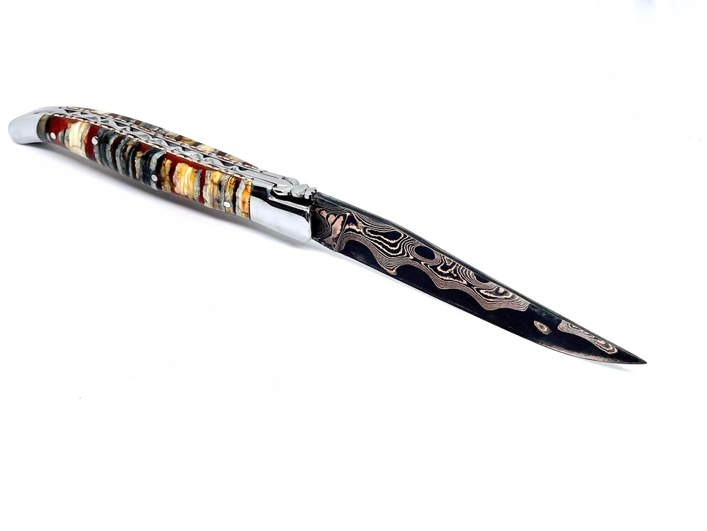 Couteau pliant damas artisanal - Laguiole Molaire de Mammouth stabilisée lame de Damas pliable 12 cm TigerMai-Raindrop