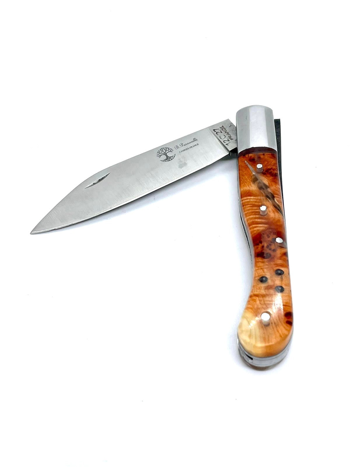 Coutellerie Passarelli - Couteau Aurillac lame pliable 10.5cm plume du peintre de bécasse, plombs de chasse, loupe de Cade.