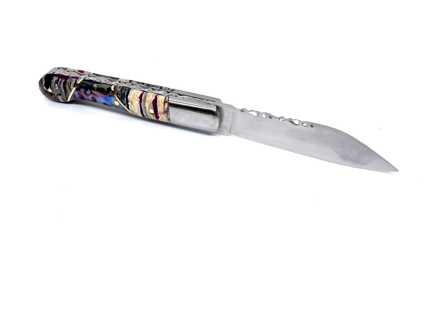 Coutellerie Passarelli - Couteau Aurillac lame pliable 10.5 cm molaire de mammouth teintée et stabilisée abalone
