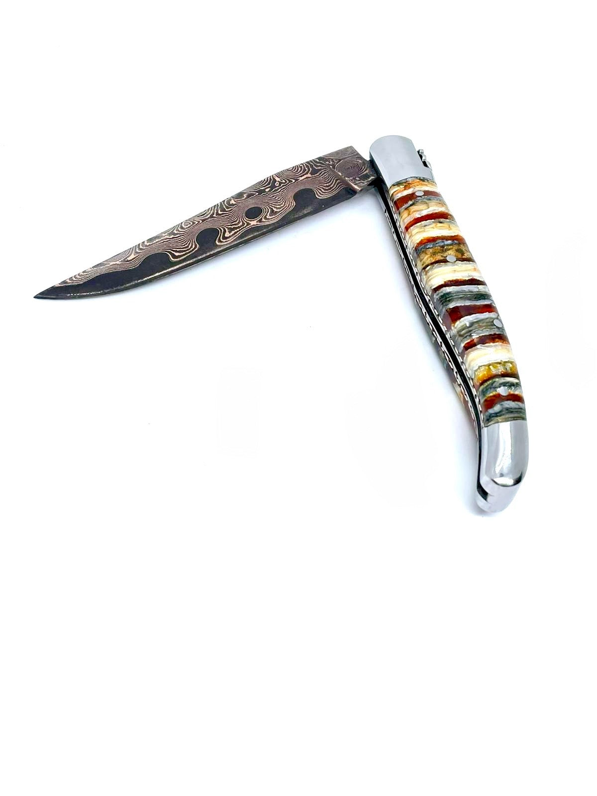 Couteau pliant damas artisanal - Laguiole Molaire de Mammouth stabilisée lame de Damas pliable 12 cm TigerMai-Raindrop