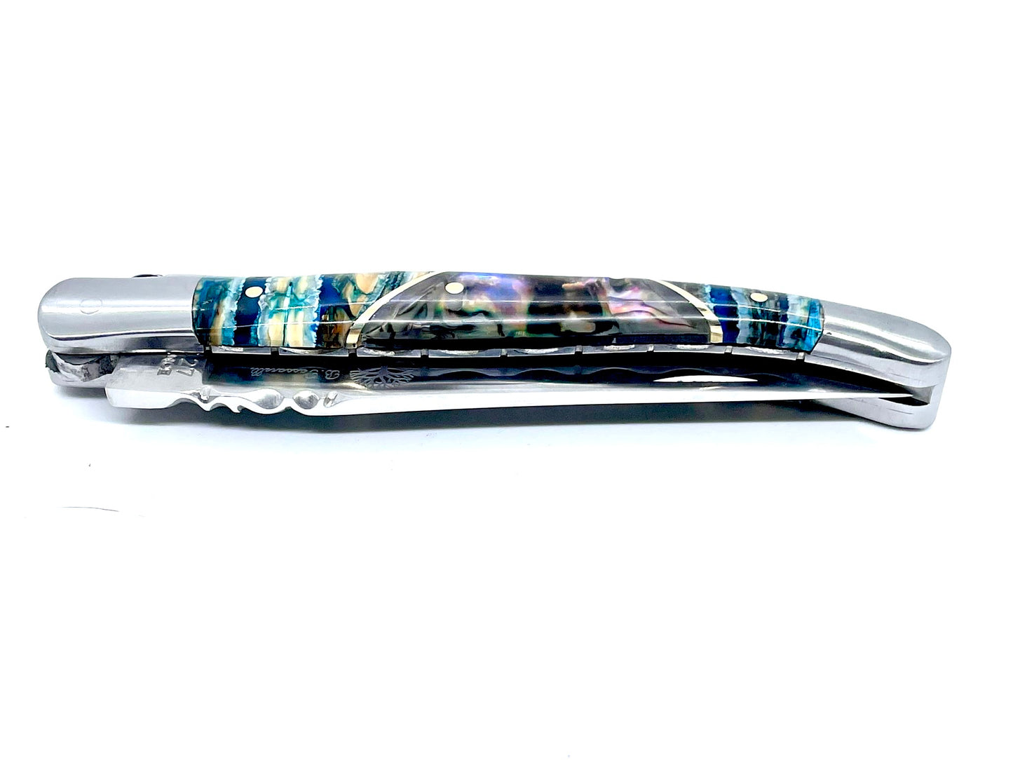 Coutellerie Passarelli - Couteau Laguiole lame pliable 12cm molaire de mammouth teintée et stabilisée abalone