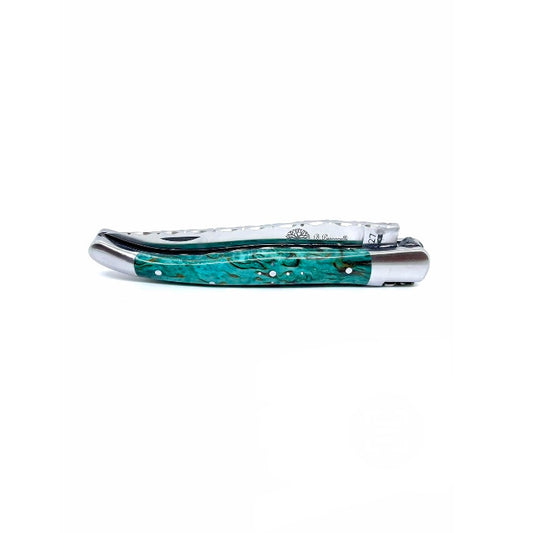 Coutellerie Passarelli - Couteau Laguiole lame pliable 12cm Bouleau madré teinté Turquoise