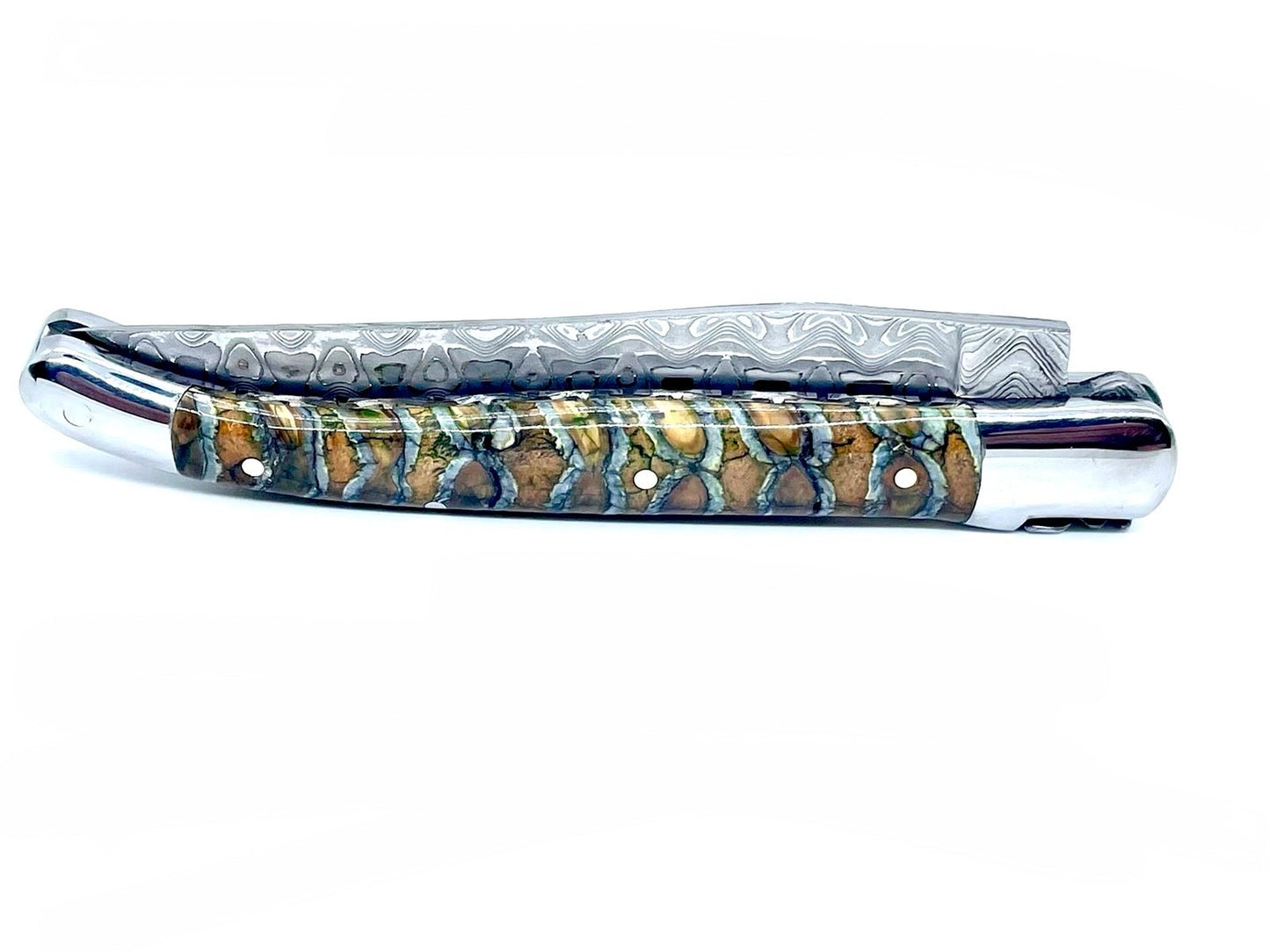 Couteau pliant damas artisanal en Molaire de Mammouth aux reflets verts modèle Laguiole