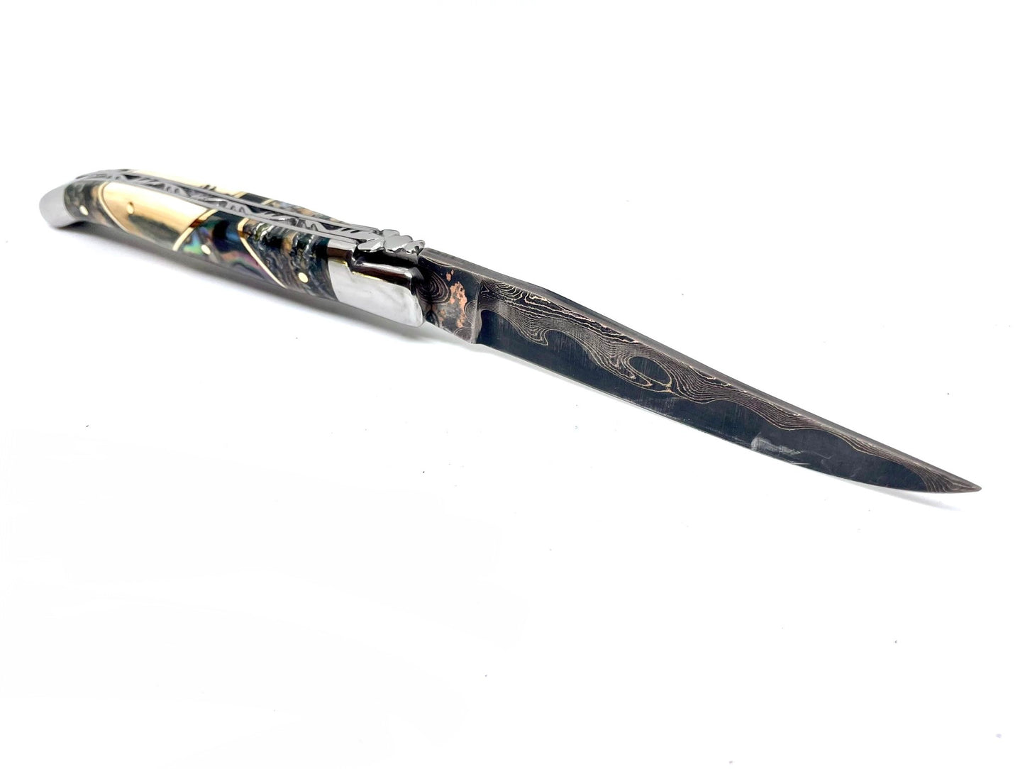 Couteau pliant damas artisanal - Laguiole Molaire de Mammouth teintée et stabilisée, défense bleue de mammouth et abalone, lame de Damas pliable 12 cm TigerMai-Raindrop