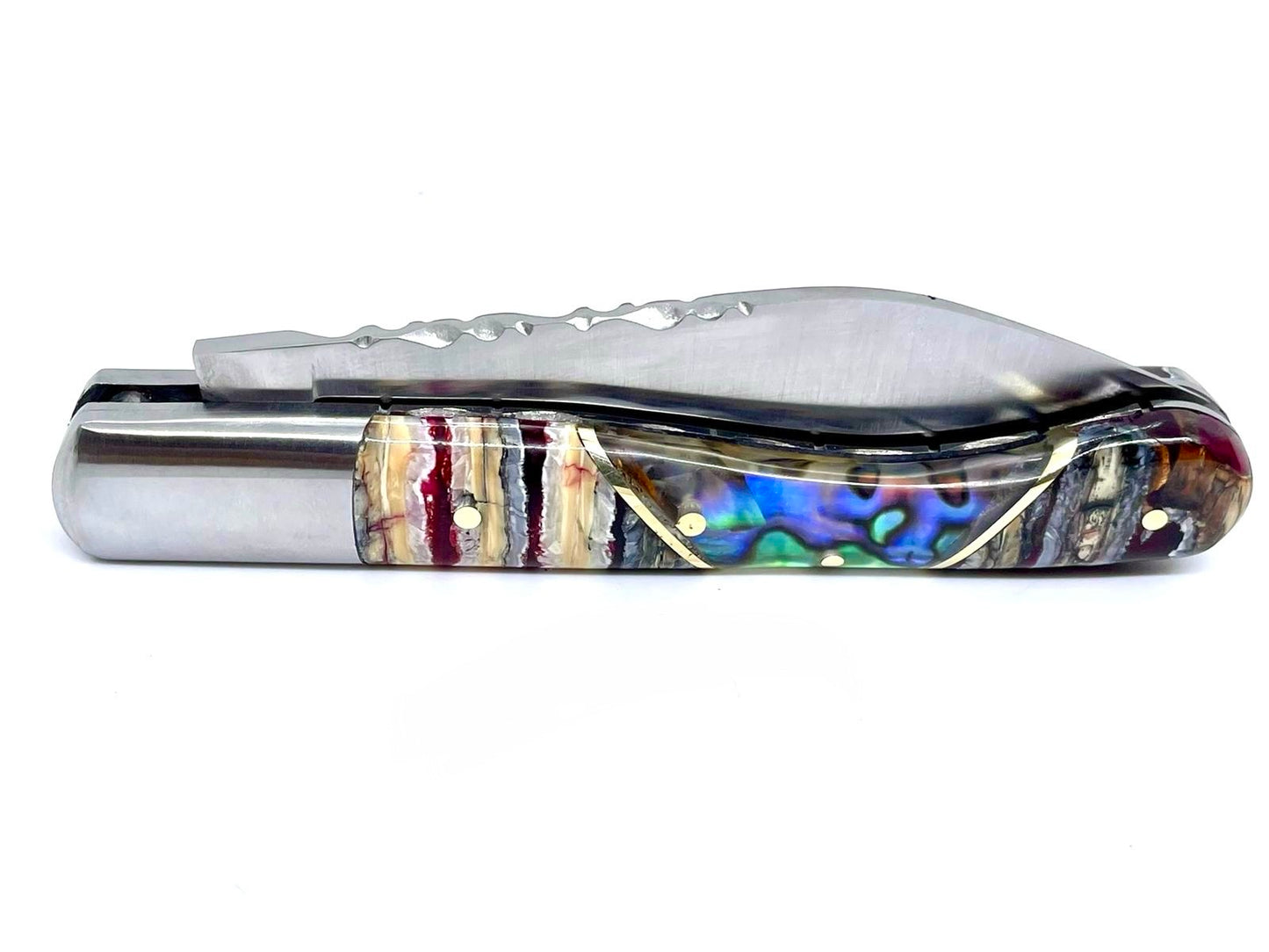 Coutellerie Passarelli - Couteau Aurillac lame pliable 10.5 cm molaire de mammouth teintée et stabilisée abalone