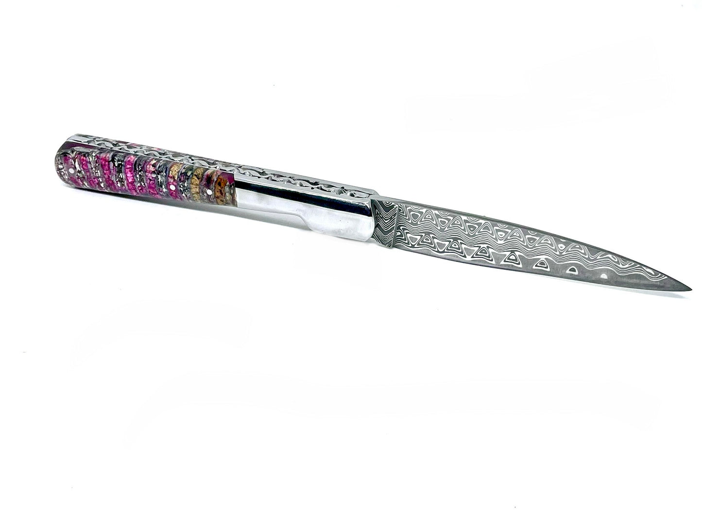 Coutellerie Passarelli - Couteau Vendetta lame de Damas 13 cm molaire de mammouth teintée