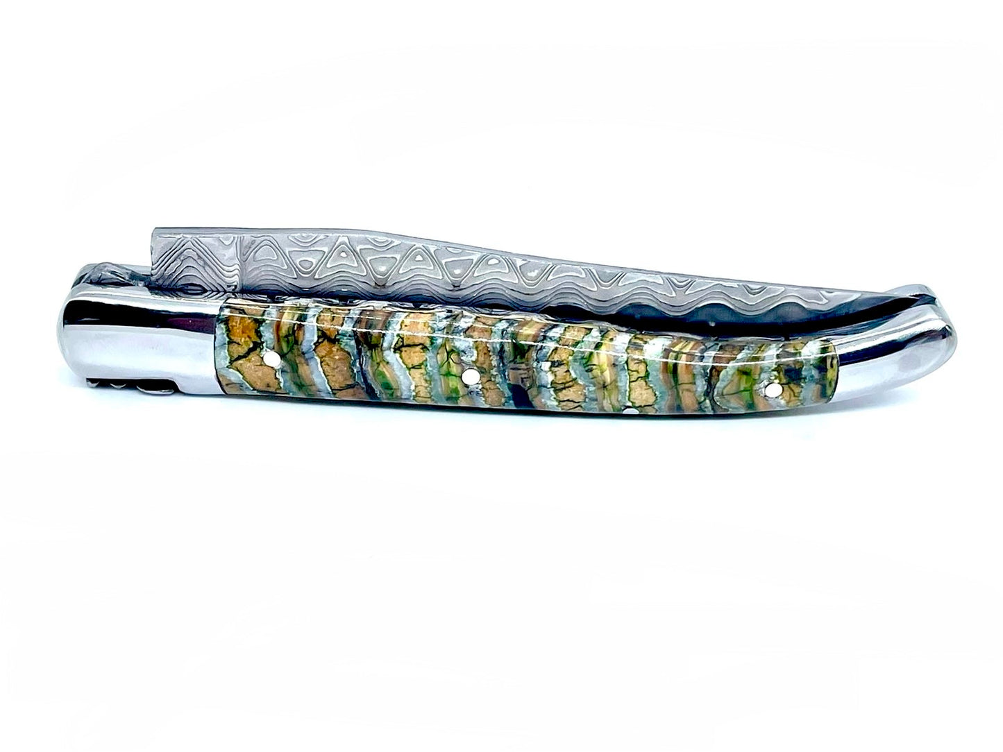 Couteau pliant damas artisanal en Molaire de Mammouth aux reflets verts modèle Laguiole