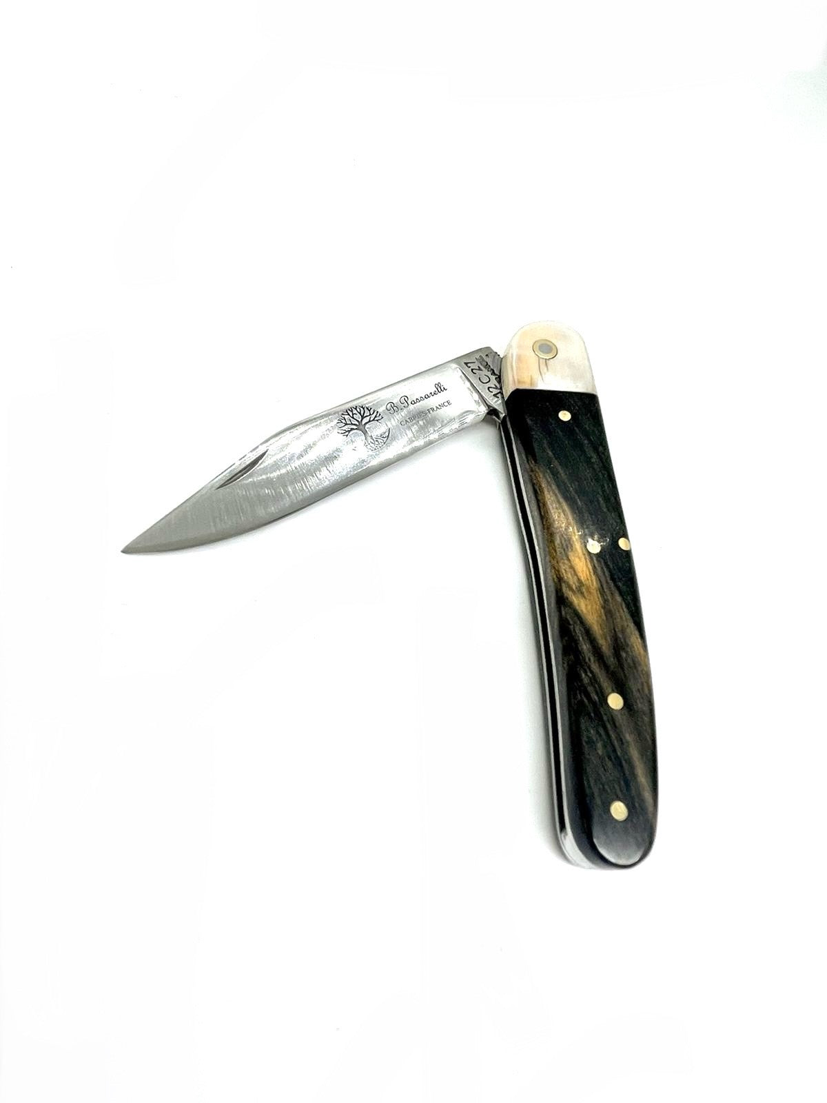 Coutellerie Passarelli - Couteau Alsacien lame pliable 10 cm ivoire de mammouth et ébène royale du Laos