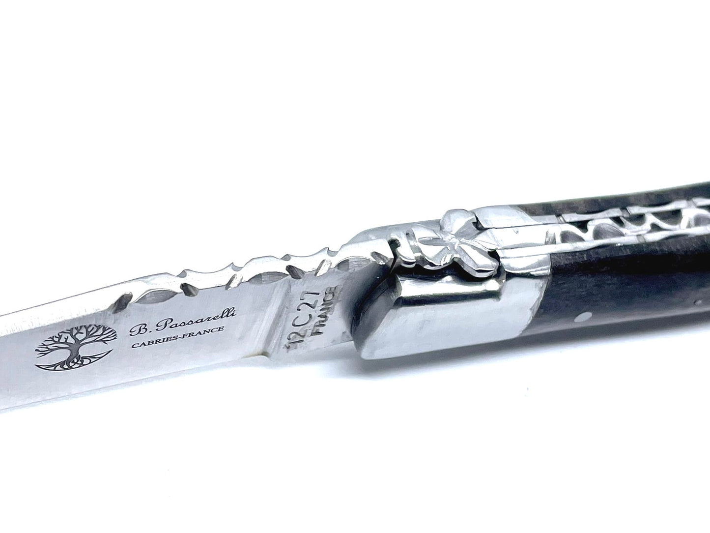 Coutellerie Passarelli - Couteau Laguiole lame pliable 12cm Bouleau madré teinté anthracite stabilisé