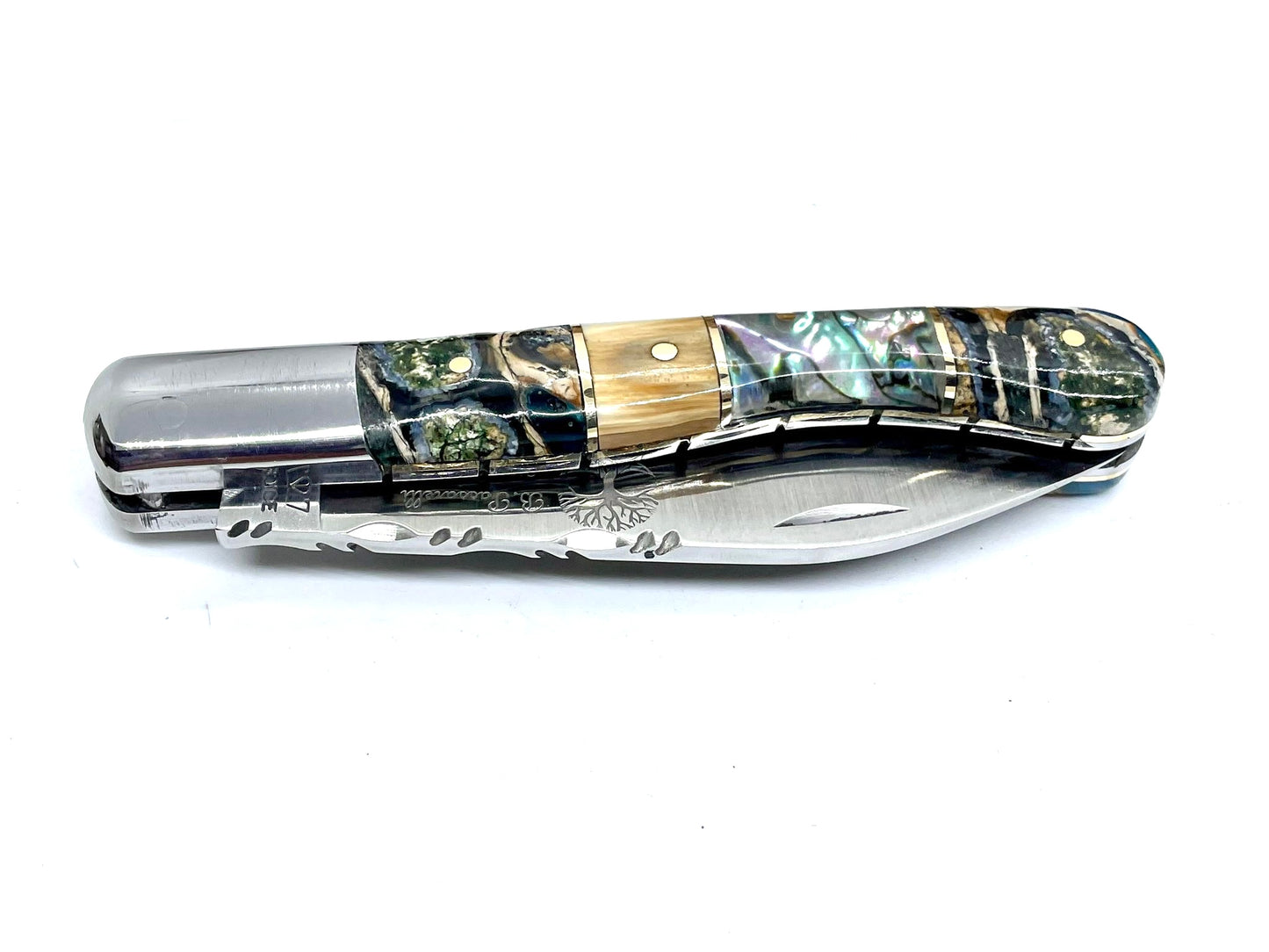 Coutellerie Passarelli - Couteau Aurillac lame pliable 10.5 cm défense et molaire de mammouth, abalone lame pliable 10.5cm