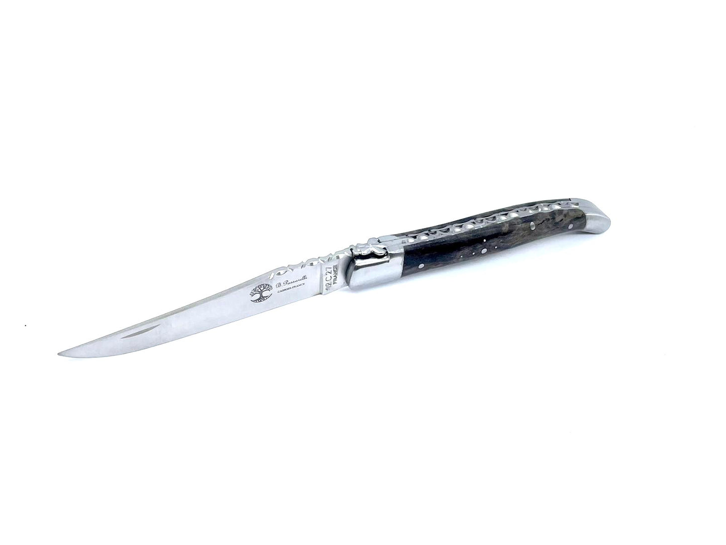 Coutellerie Passarelli - Couteau Laguiole lame pliable 12cm Bouleau madré teinté anthracite stabilisé