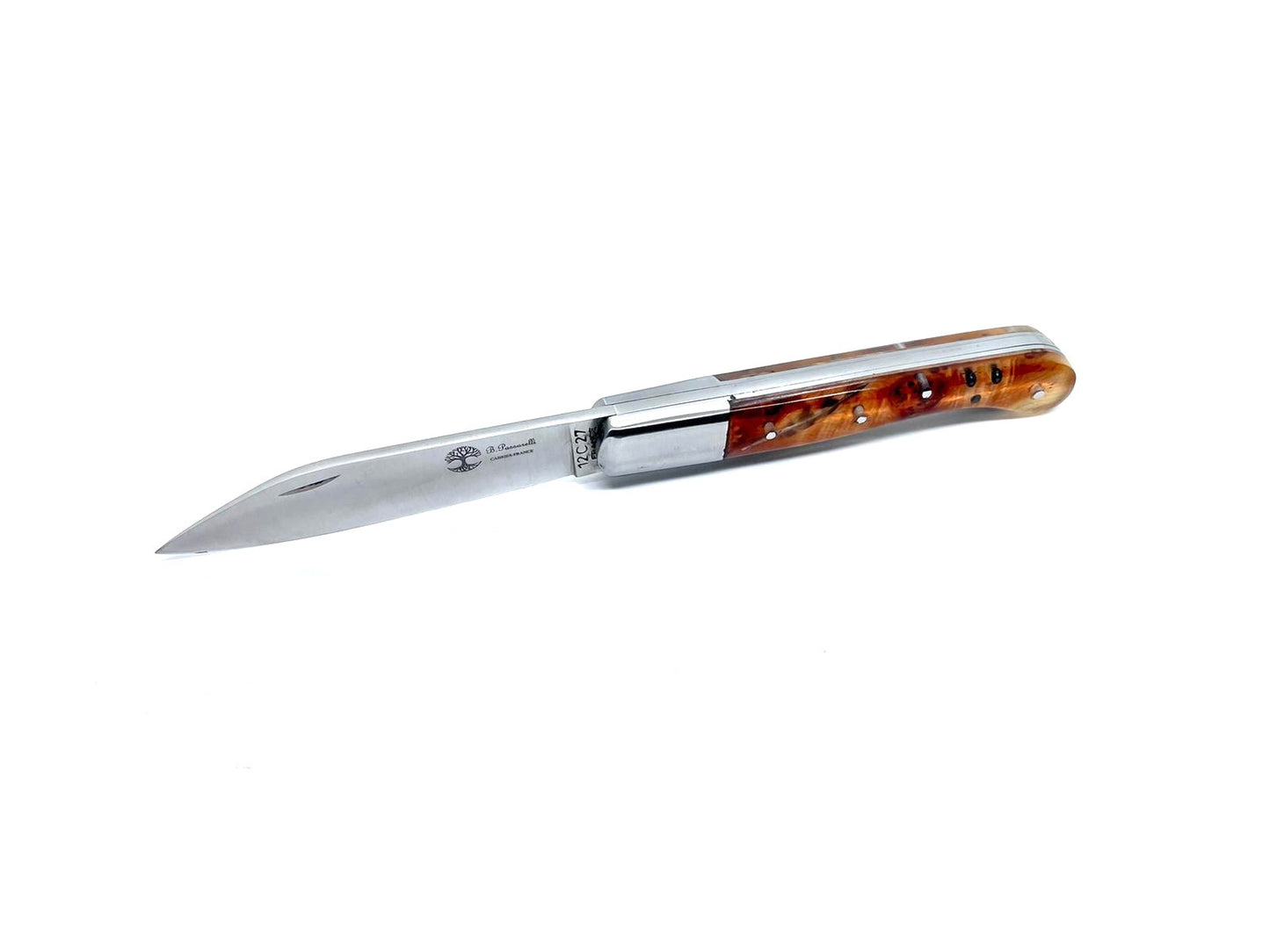 Coutellerie Passarelli - Couteau Aurillac lame pliable 10.5cm plume du peintre de bécasse, plombs de chasse, loupe de Cade.