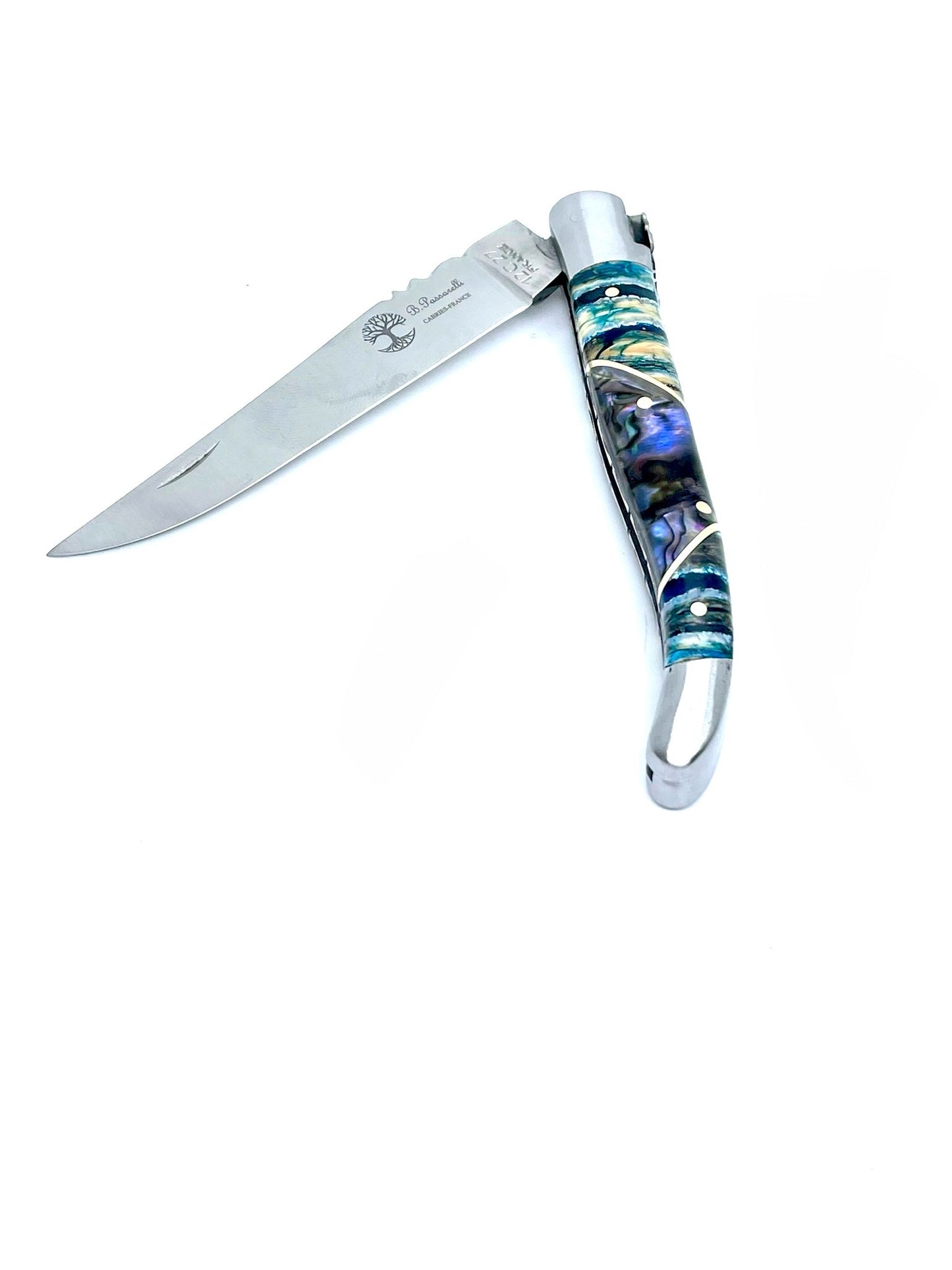 Coutellerie Passarelli - Couteau Laguiole lame pliable 12cm molaire de mammouth teintée et stabilisée abalone