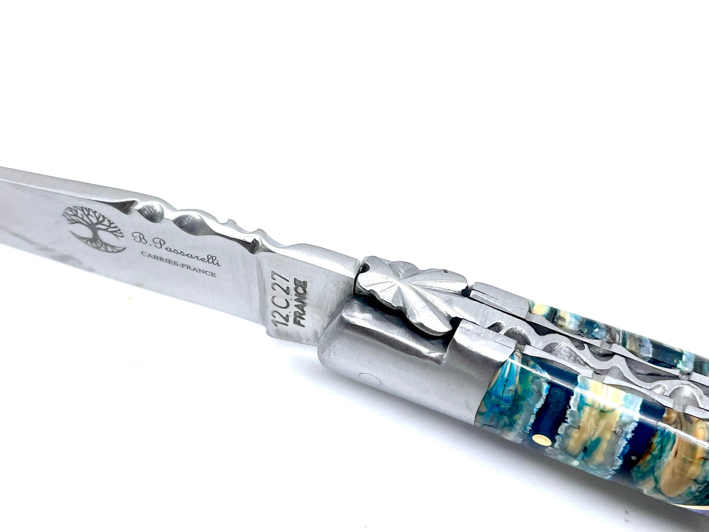 Coutellerie Passarelli - Couteau Laguiole lame pliable 12cm molaire de mammouth teintée et stabilisée abalone