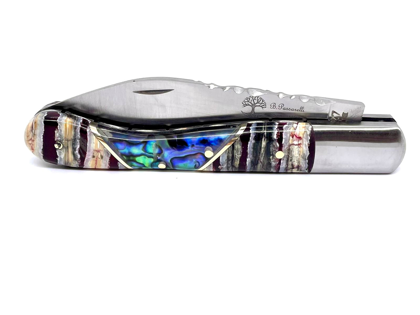 Coutellerie Passarelli - Couteau Aurillac lame pliable 10.5 cm molaire de mammouth teintée et stabilisée abalone