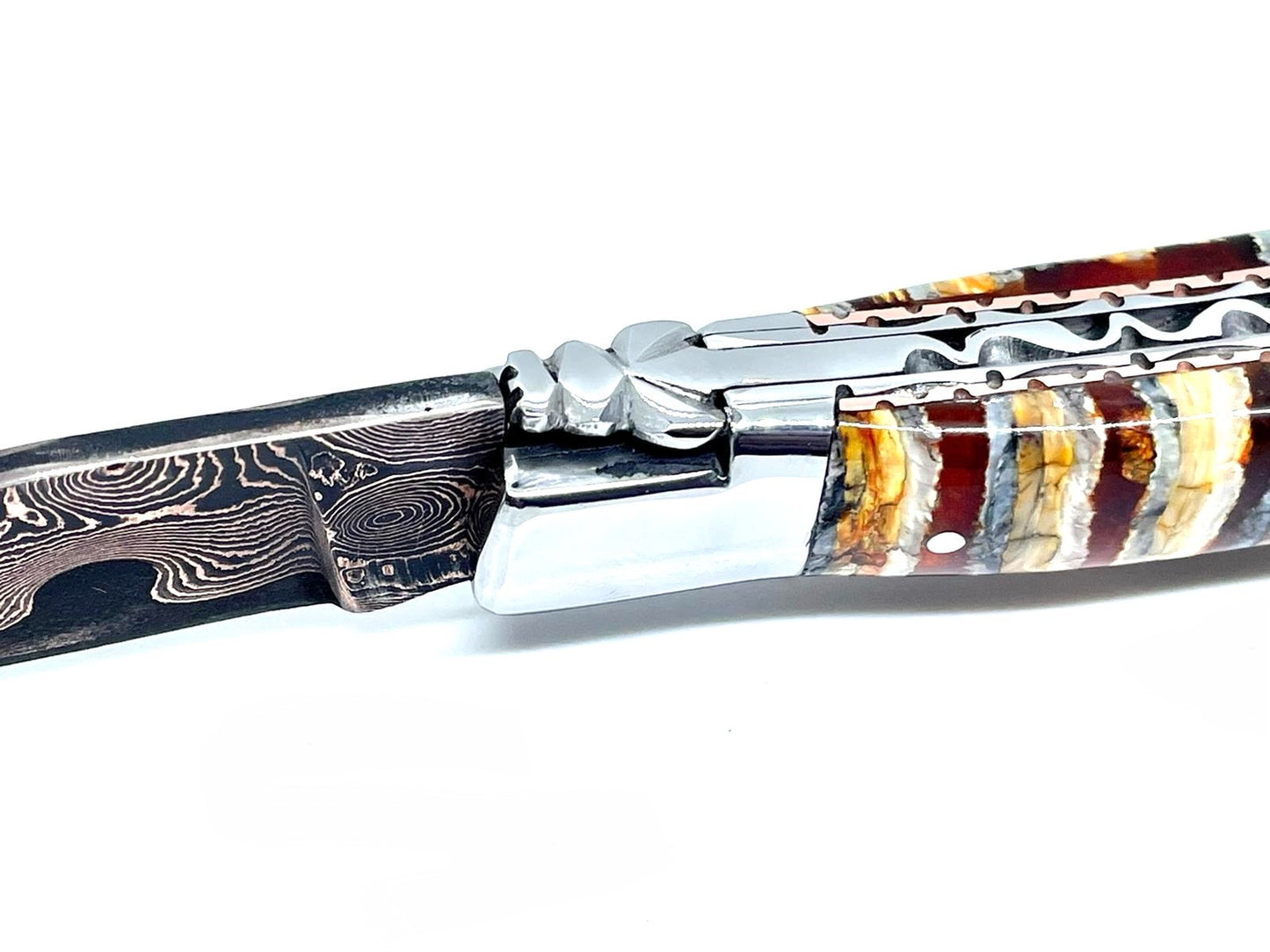 Couteau pliant damas artisanal - Laguiole Molaire de Mammouth stabilisée lame de Damas pliable 12 cm TigerMai-Raindrop