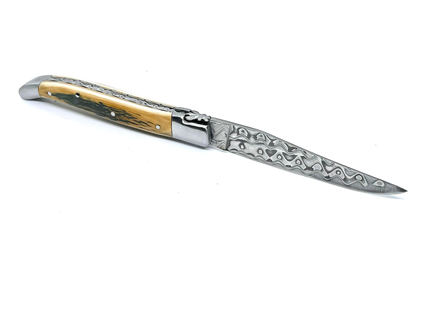 Coutellerie Passarelli - Couteau Laguiole lame pliable 12cm défense bleue de mammouth lame de Damas