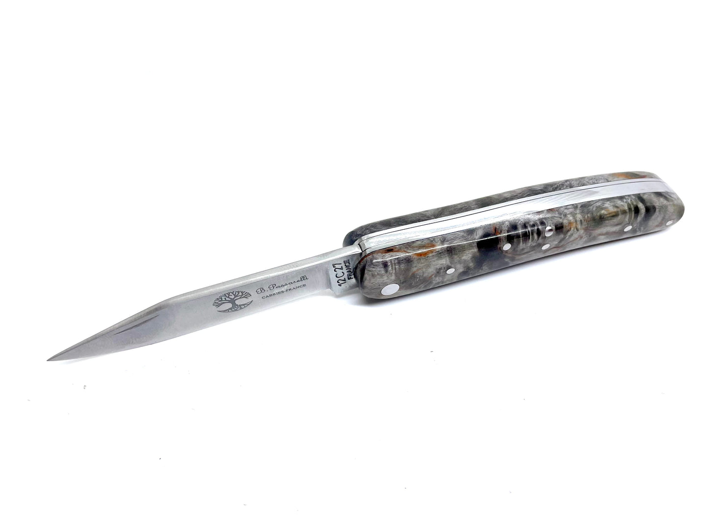 Coutellerie Passarelli - Couteau Alsacien lame pliable 10 cm Bouleau madré teinté et stabilisé anthracite