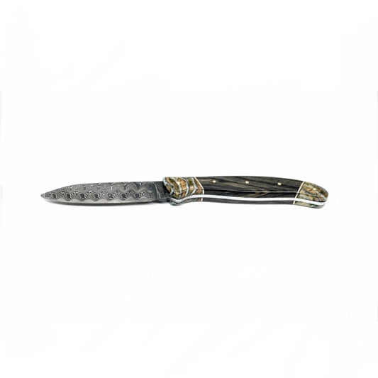 Coutellerie Passarelli - Couteau de chasse lame de Damas 10 cm fixe non pliable ébène royale du Laos et molaire de mammouth stabilisée et teintée