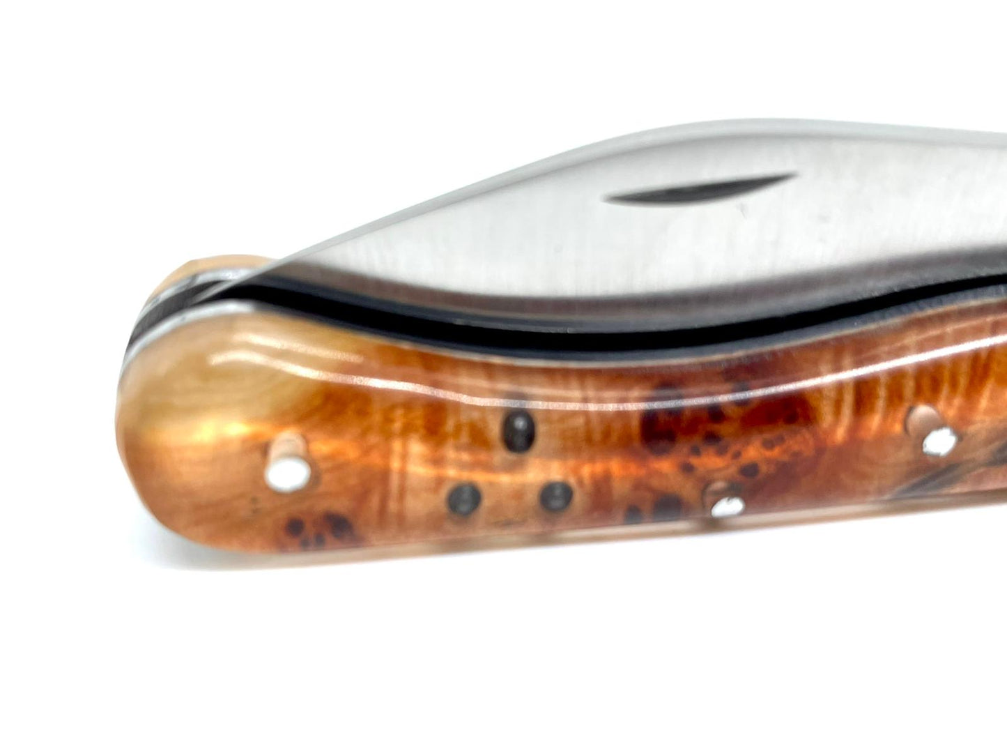 Coutellerie Passarelli - Couteau Aurillac lame pliable 10.5cm plume du peintre de bécasse, plombs de chasse, loupe de Cade.