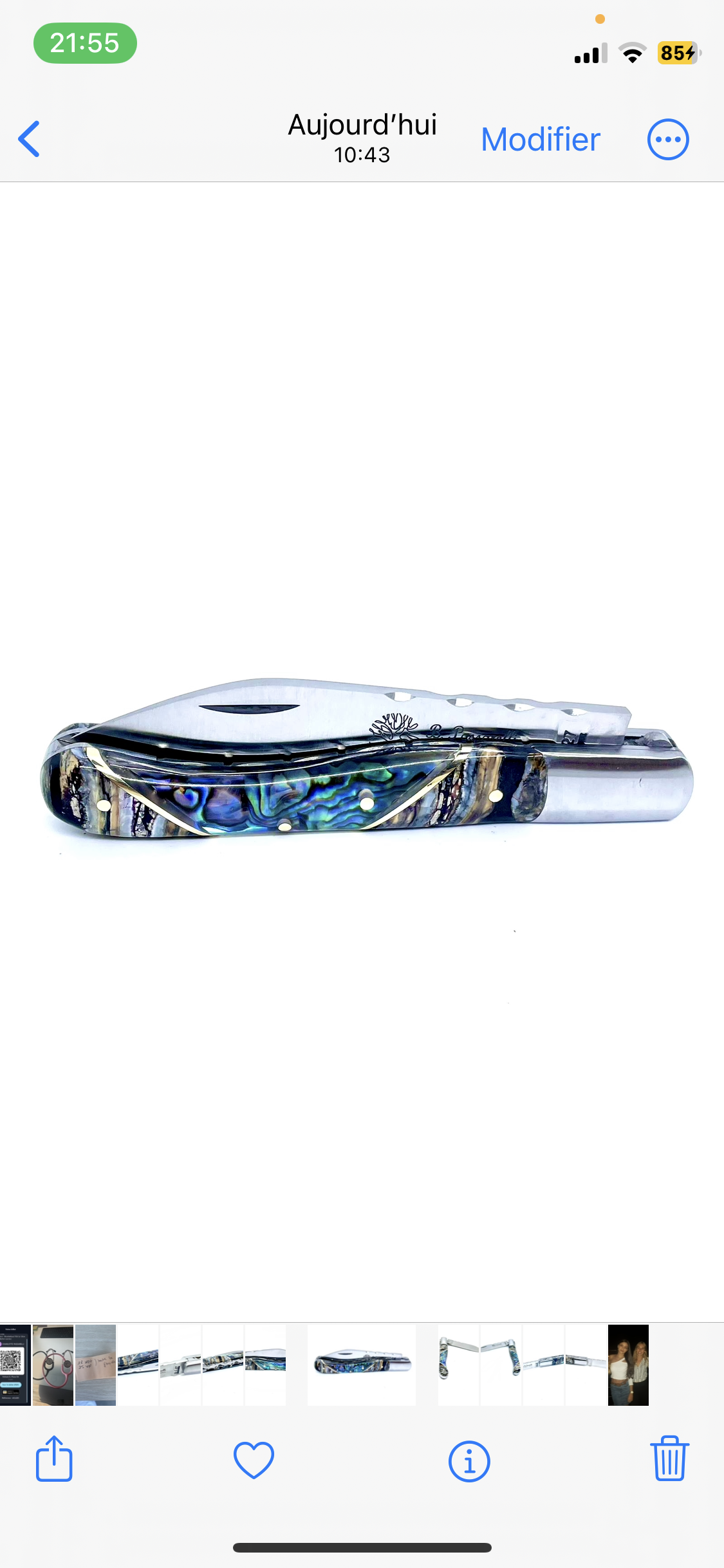 Coutellerie Passarelli - Couteau Aurillac lame pliable 10.5 cm molaire de mammouth teintée et stabilisée abalone