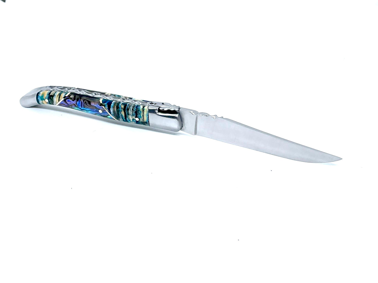 Coutellerie Passarelli - Couteau Laguiole lame pliable 12cm molaire de mammouth teintée et stabilisée abalone