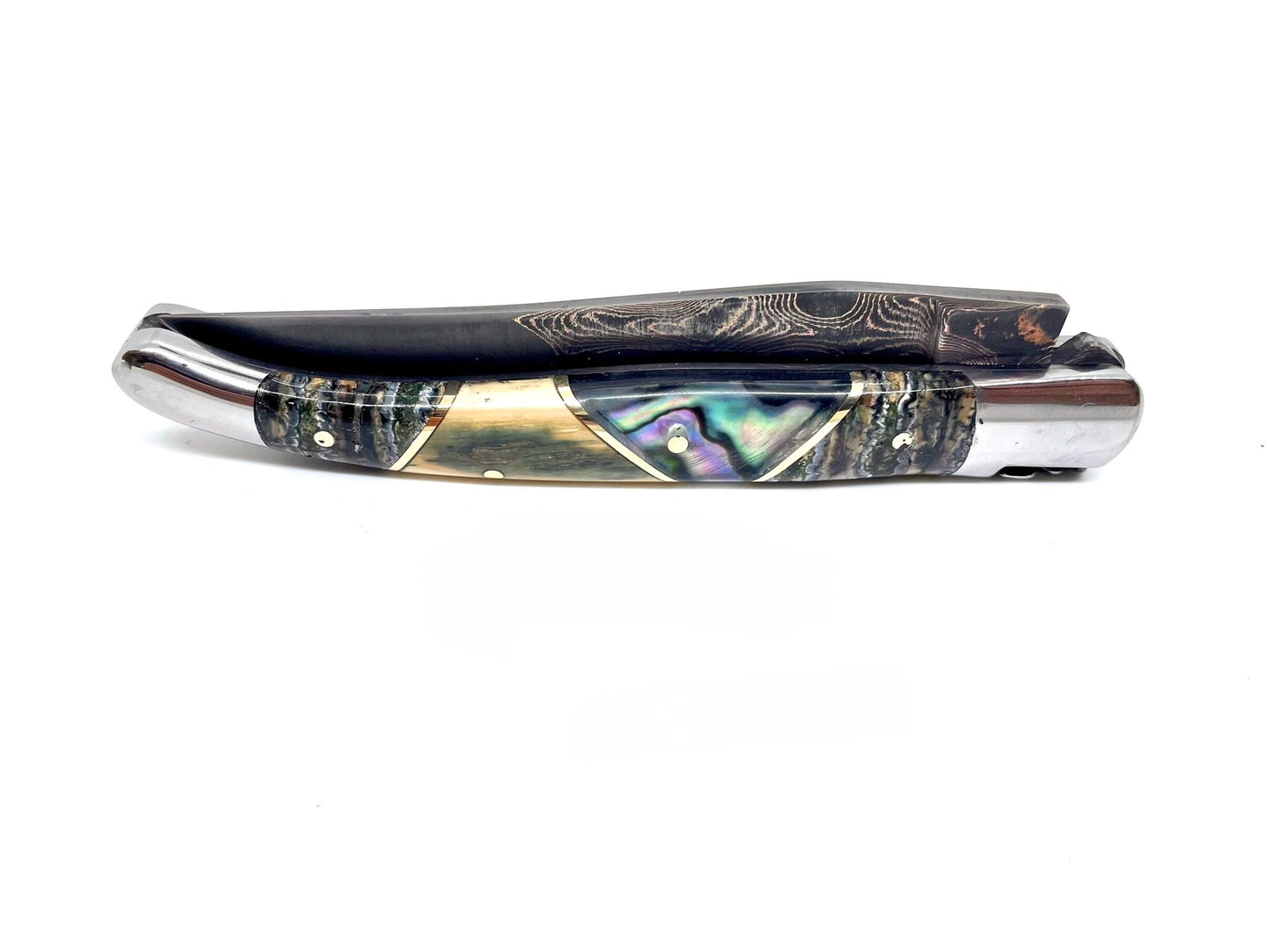Couteau pliant damas artisanal - Laguiole Molaire de Mammouth teintée et stabilisée, défense bleue de mammouth et abalone, lame de Damas pliable 12 cm TigerMai-Raindrop