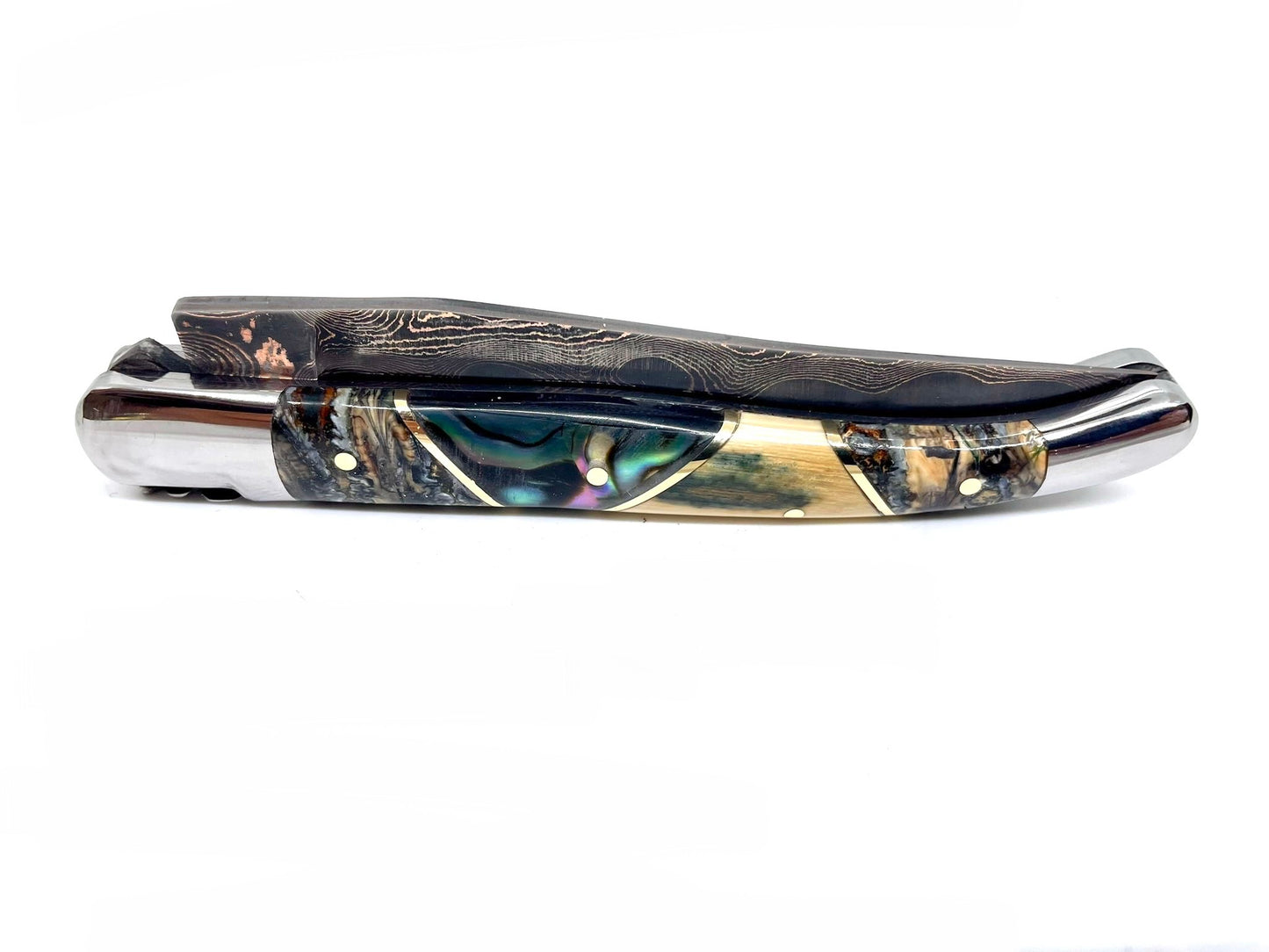 Couteau pliant damas artisanal - Laguiole Molaire de Mammouth teintée et stabilisée, défense bleue de mammouth et abalone, lame de Damas pliable 12 cm TigerMai-Raindrop