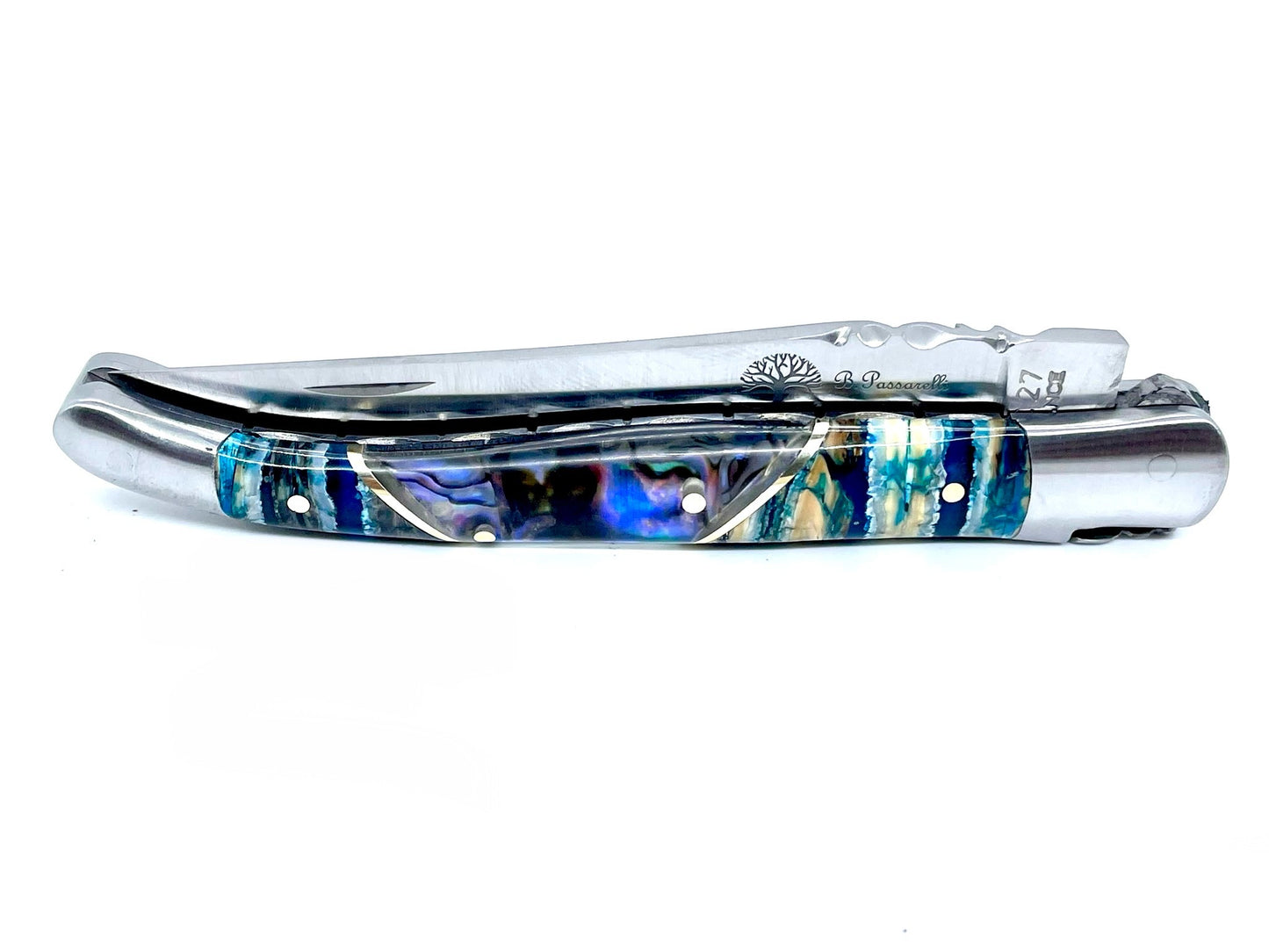 Coutellerie Passarelli - Couteau Laguiole lame pliable 12cm molaire de mammouth teintée et stabilisée abalone