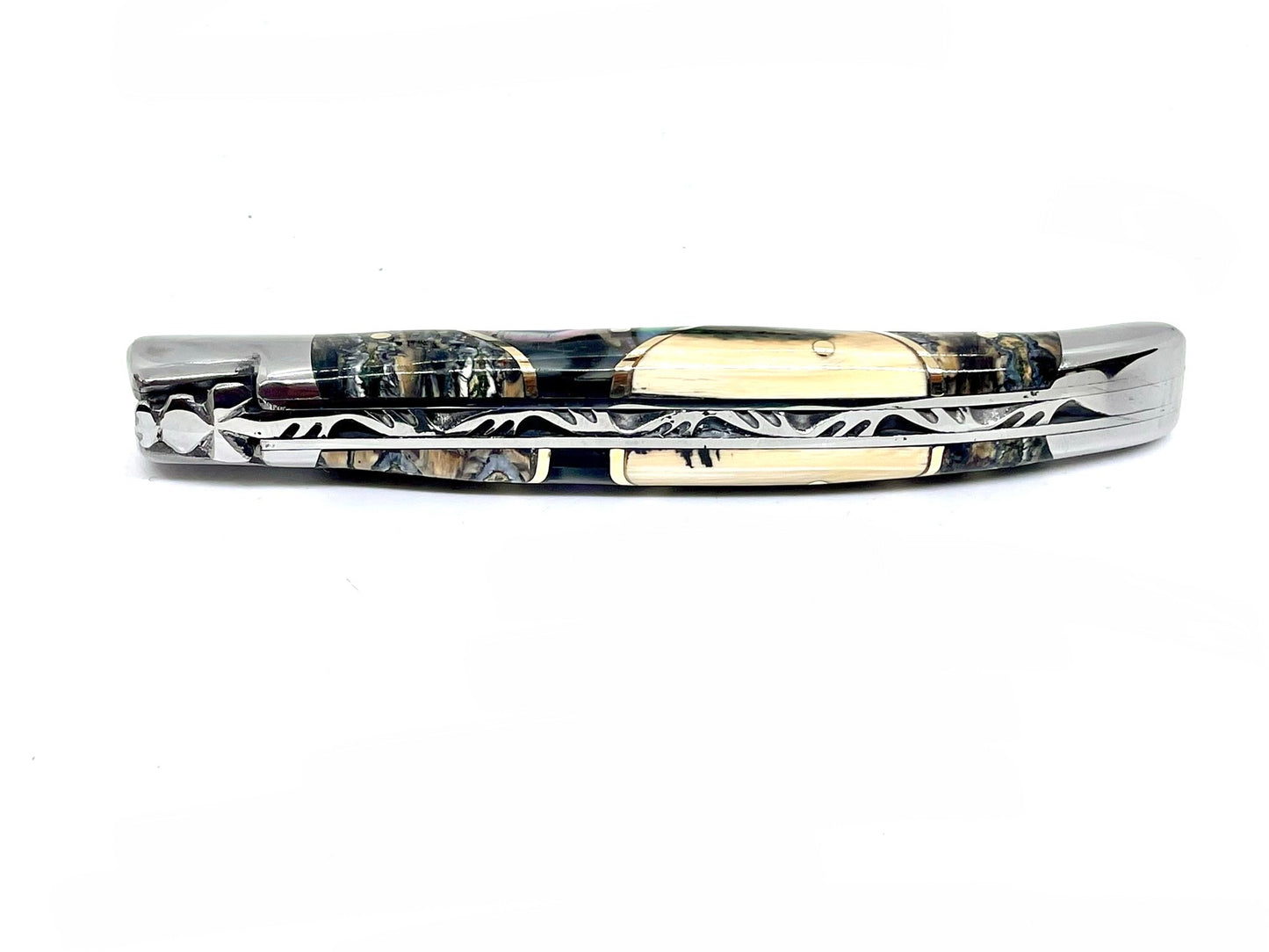 Couteau pliant damas artisanal - Laguiole Molaire de Mammouth teintée et stabilisée, défense bleue de mammouth et abalone, lame de Damas pliable 12 cm TigerMai-Raindrop