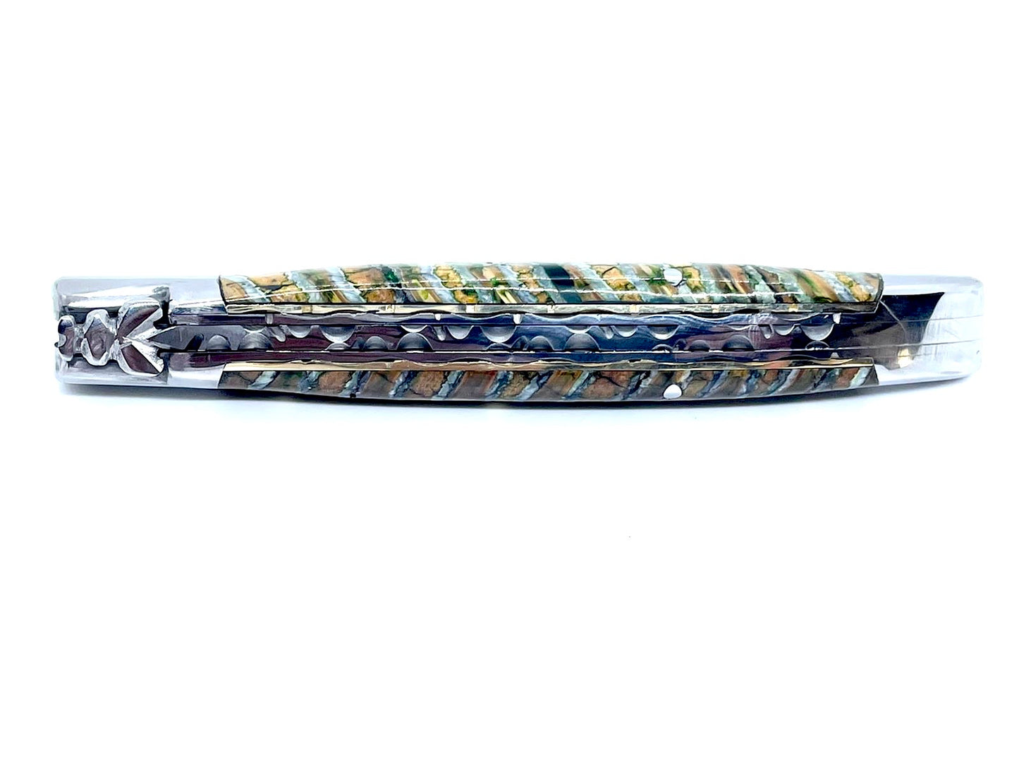 Couteau pliant damas artisanal en Molaire de Mammouth aux reflets verts modèle Laguiole