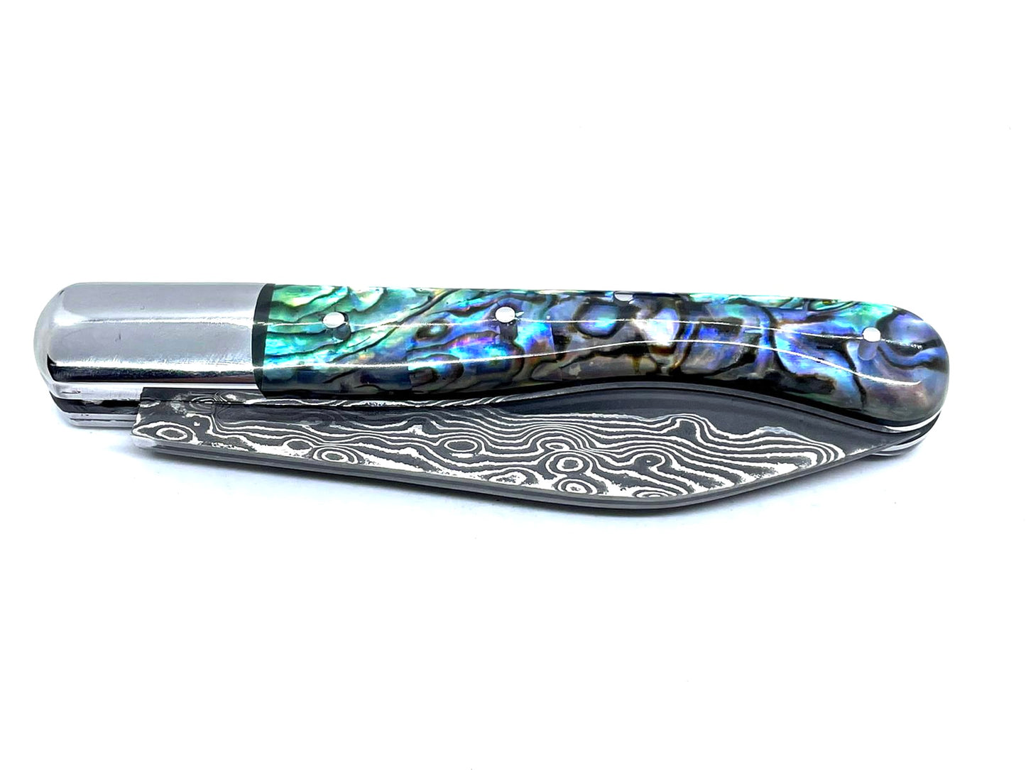 Couteau pliant damas artisanal - Modèle Aurillac lame pliable 10.5 cm Abalone Lame de Damas