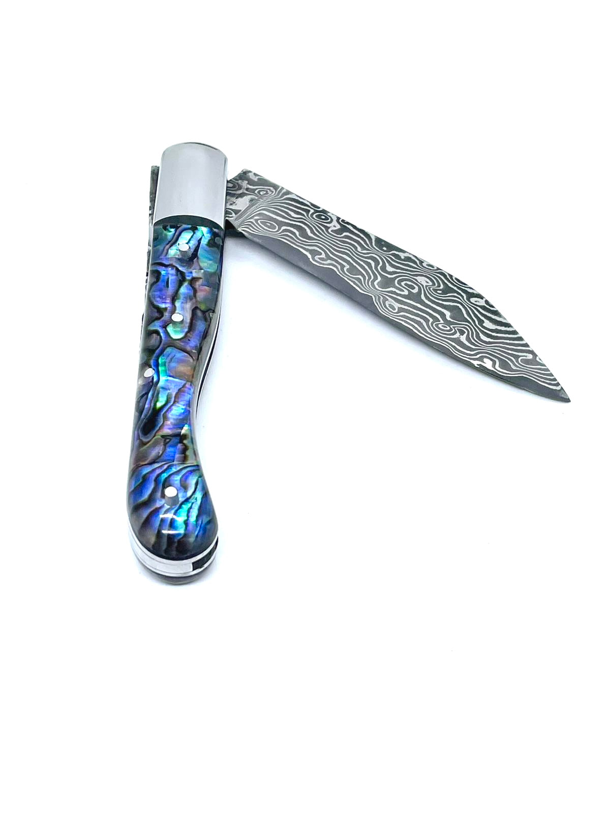Couteau pliant damas artisanal - Modèle Aurillac lame pliable 10.5 cm Abalone Lame de Damas