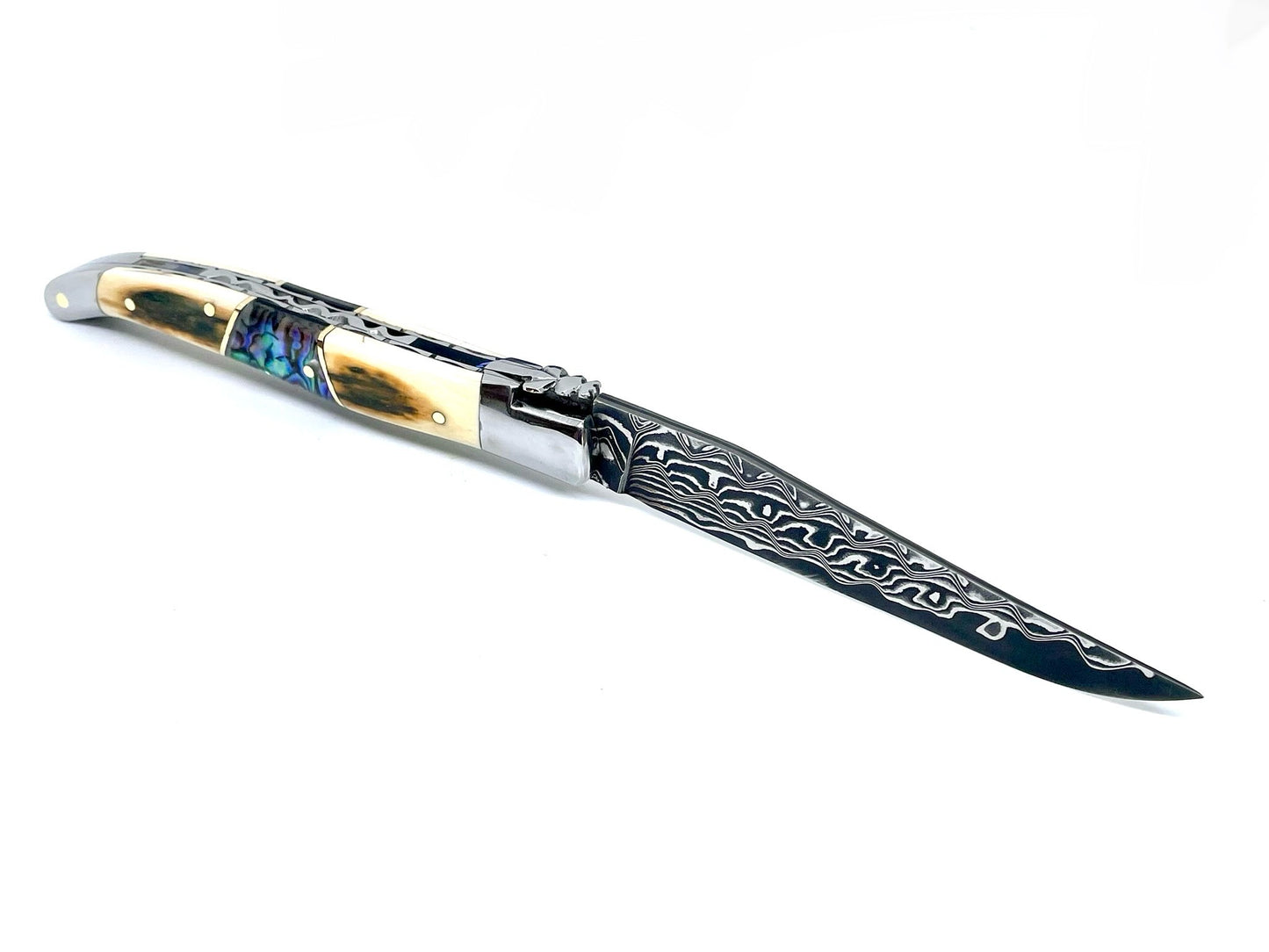 Coutellerie Passarelli - Couteau Laguiole lame pliable 12cm défense bleue de mammouth lame de Damas insert abalone