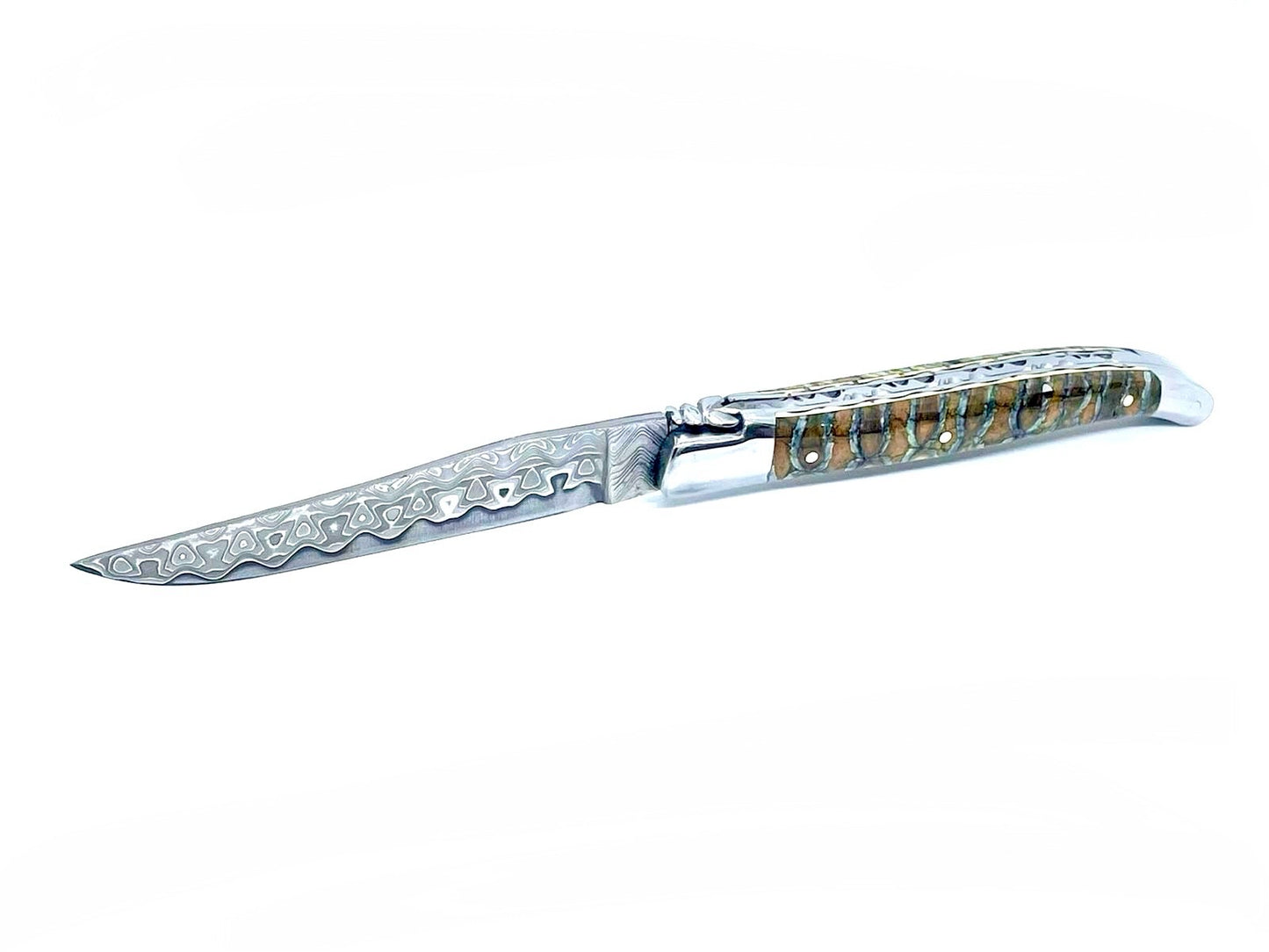 Couteau pliant damas artisanal en Molaire de Mammouth aux reflets verts modèle Laguiole
