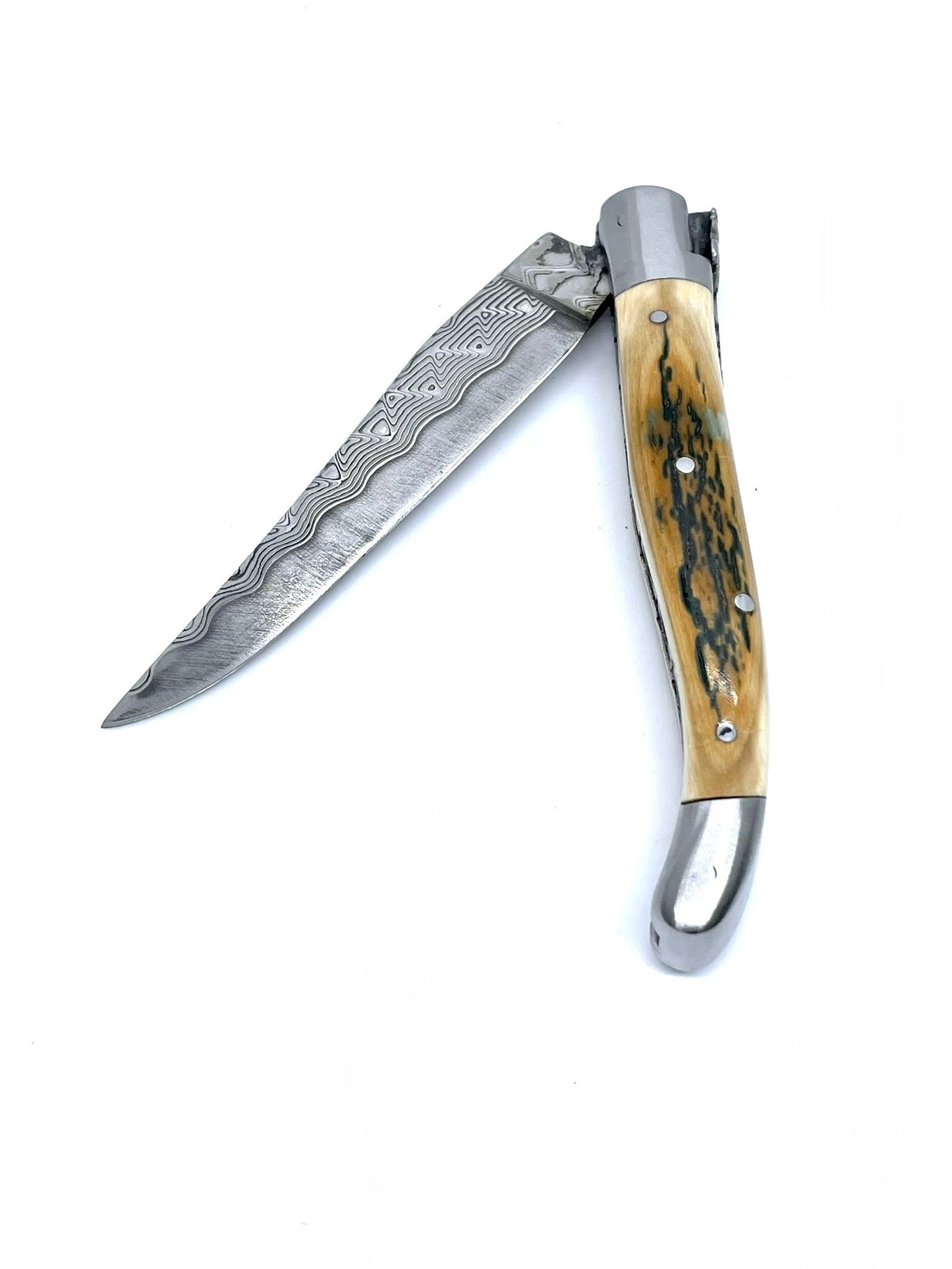 Coutellerie Passarelli - Couteau Laguiole lame pliable 12cm défense bleue de mammouth lame de Damas