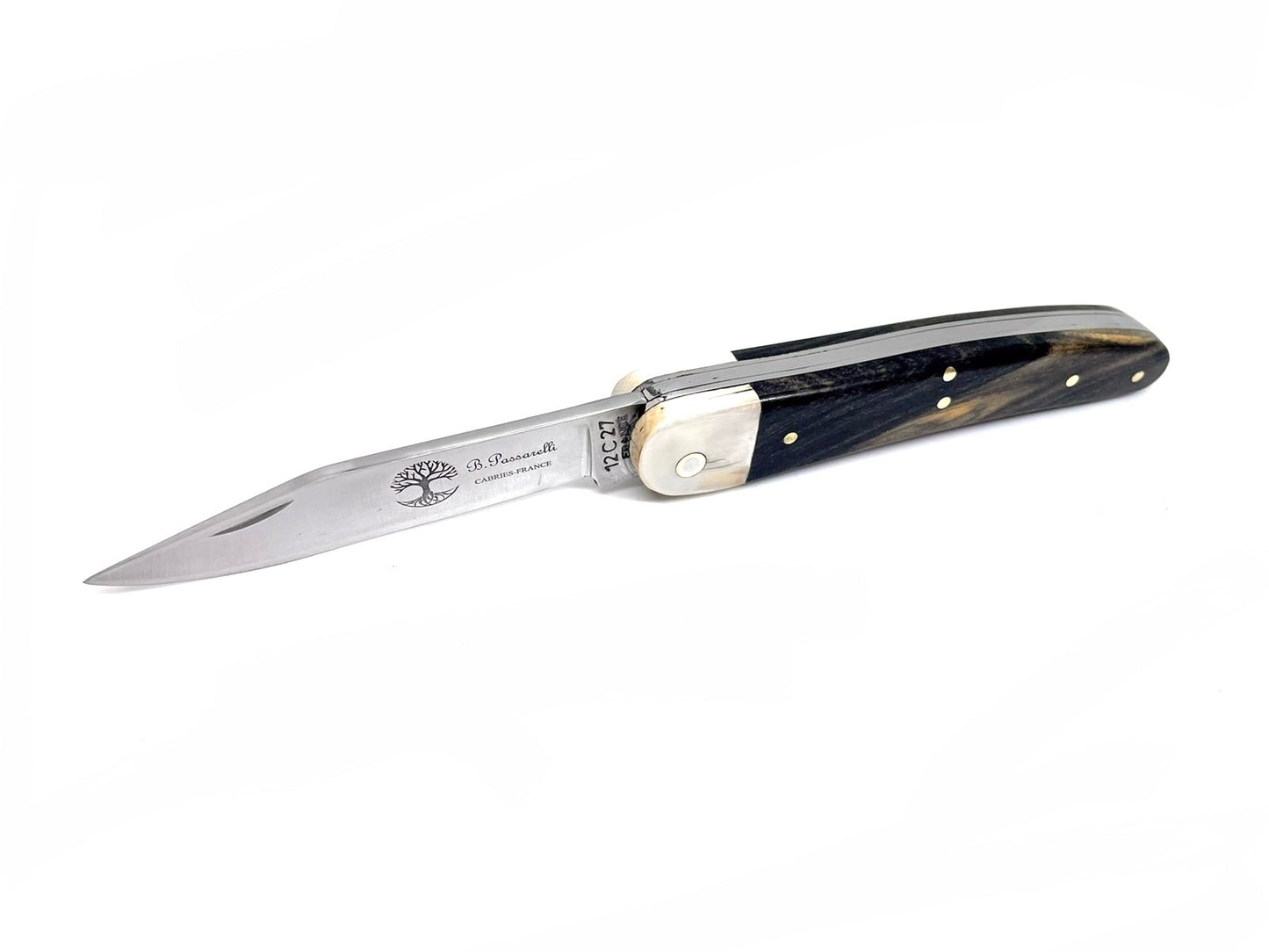 Coutellerie Passarelli - Couteau Alsacien lame pliable 10 cm ivoire de mammouth et ébène royale du Laos