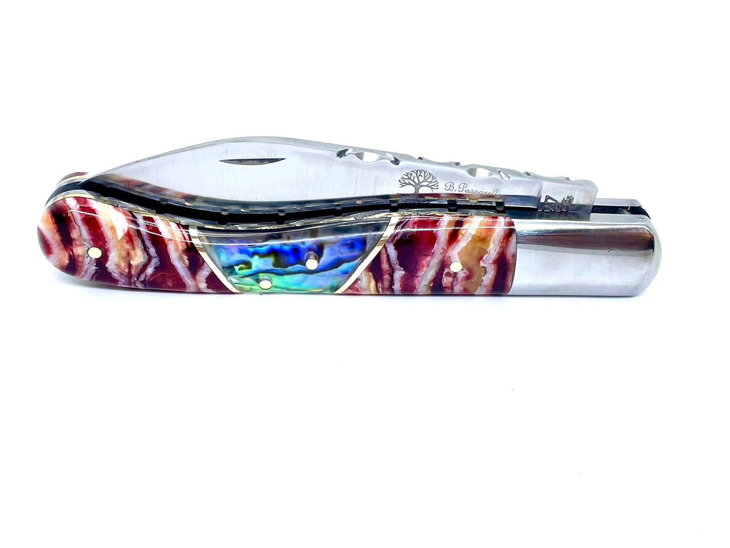 Coutellerie Passarelli - Couteau Aurillac lame pliable 10.5 cm molaire de mammouth teintée et stabilisée abalone