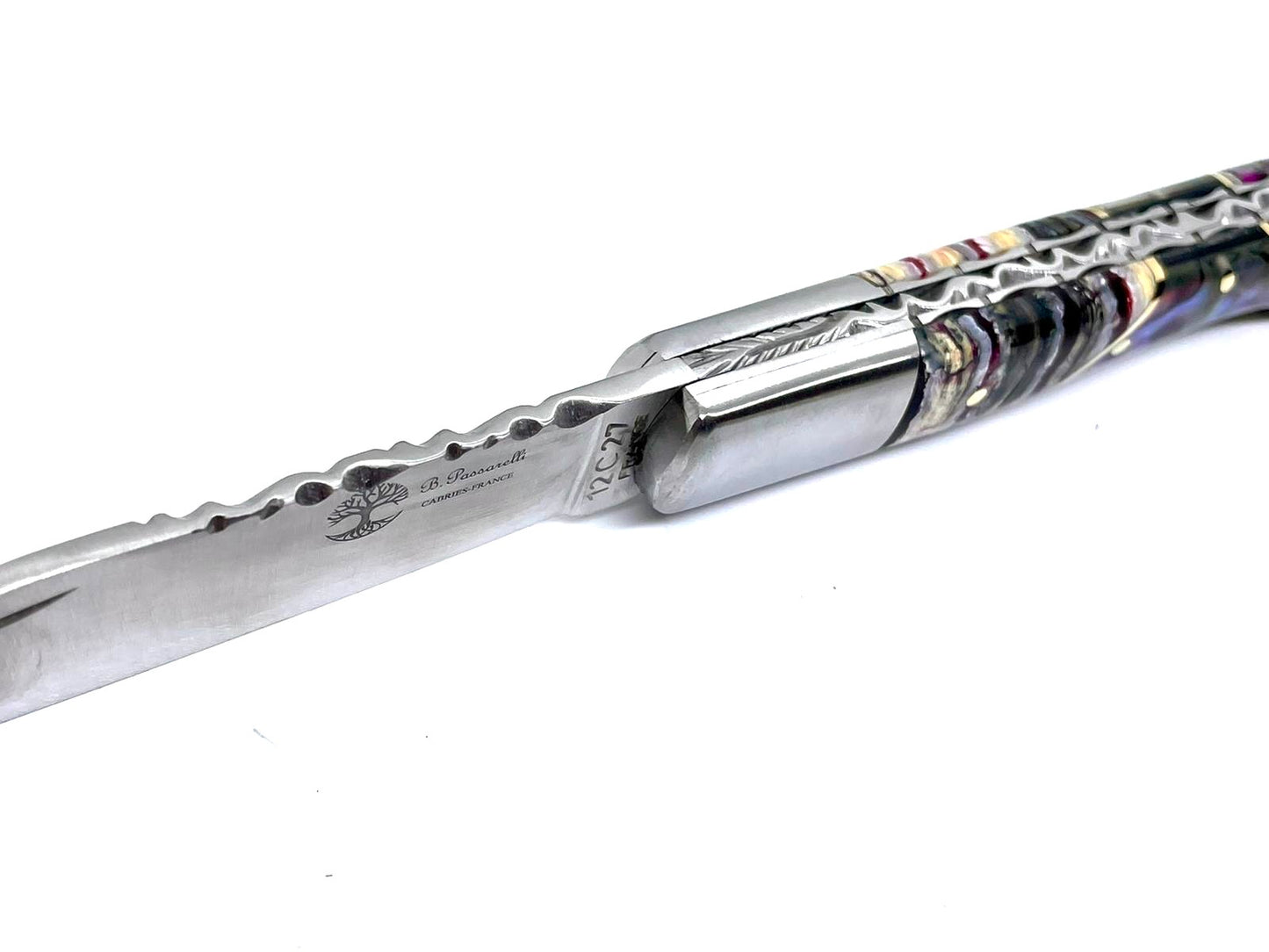 Coutellerie Passarelli - Couteau Aurillac lame pliable 10.5 cm molaire de mammouth teintée et stabilisée abalone