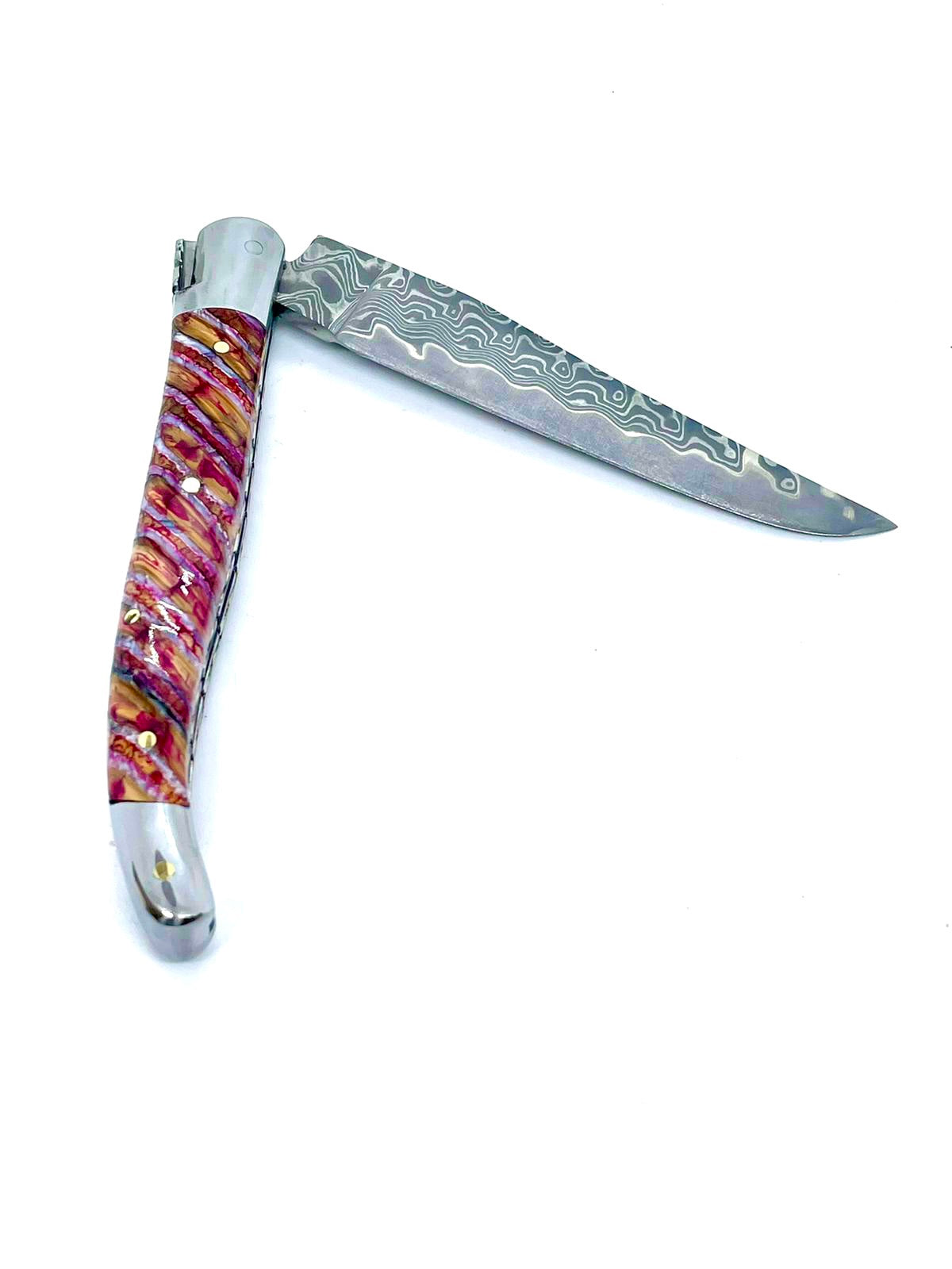 Couteau pliant damas artisanal en Molaire de Mammouth modèle Laguiole