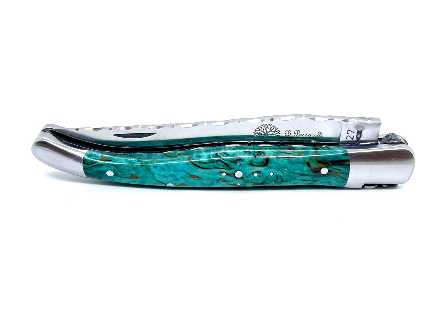 Laguiole knife in Turquoise-tinted curly birch