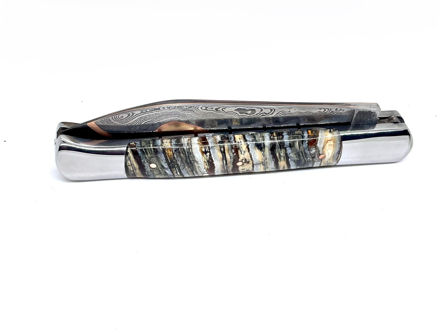 Couteau pliant damas artisanal - Roquefort en Molaire de Mammouth stabilisée et teintée lame de Damas pliable 11.5 cm GoMai-Sunset