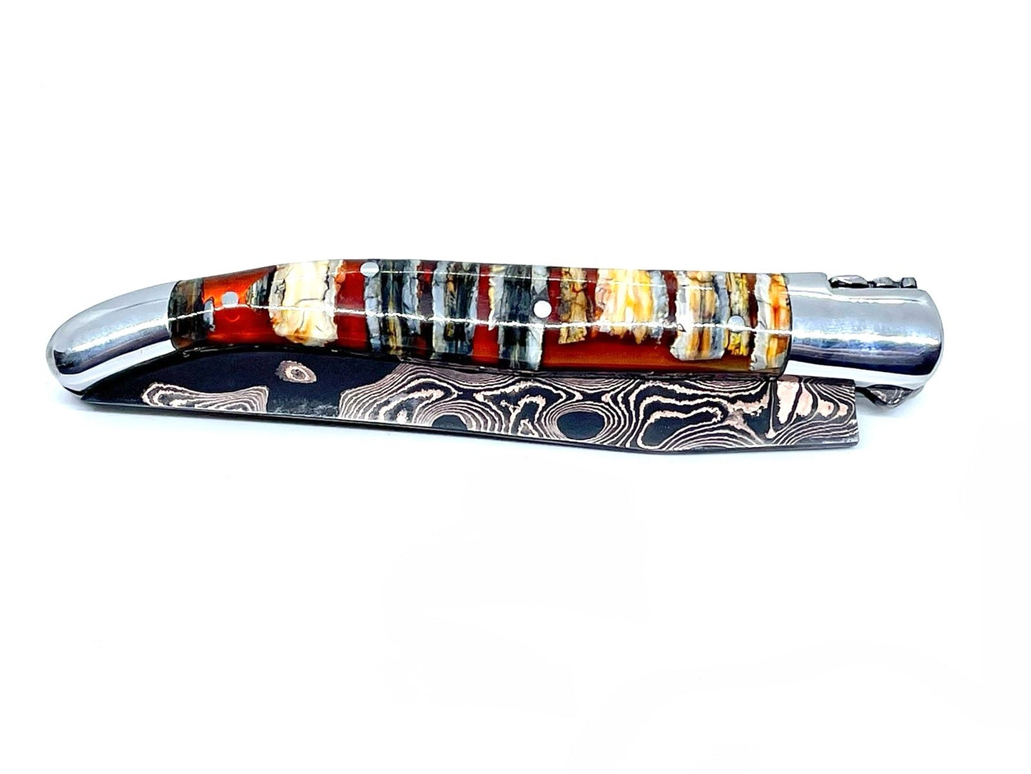 Couteau pliant damas artisanal - Laguiole Molaire de Mammouth stabilisée lame de Damas pliable 12 cm TigerMai-Raindrop