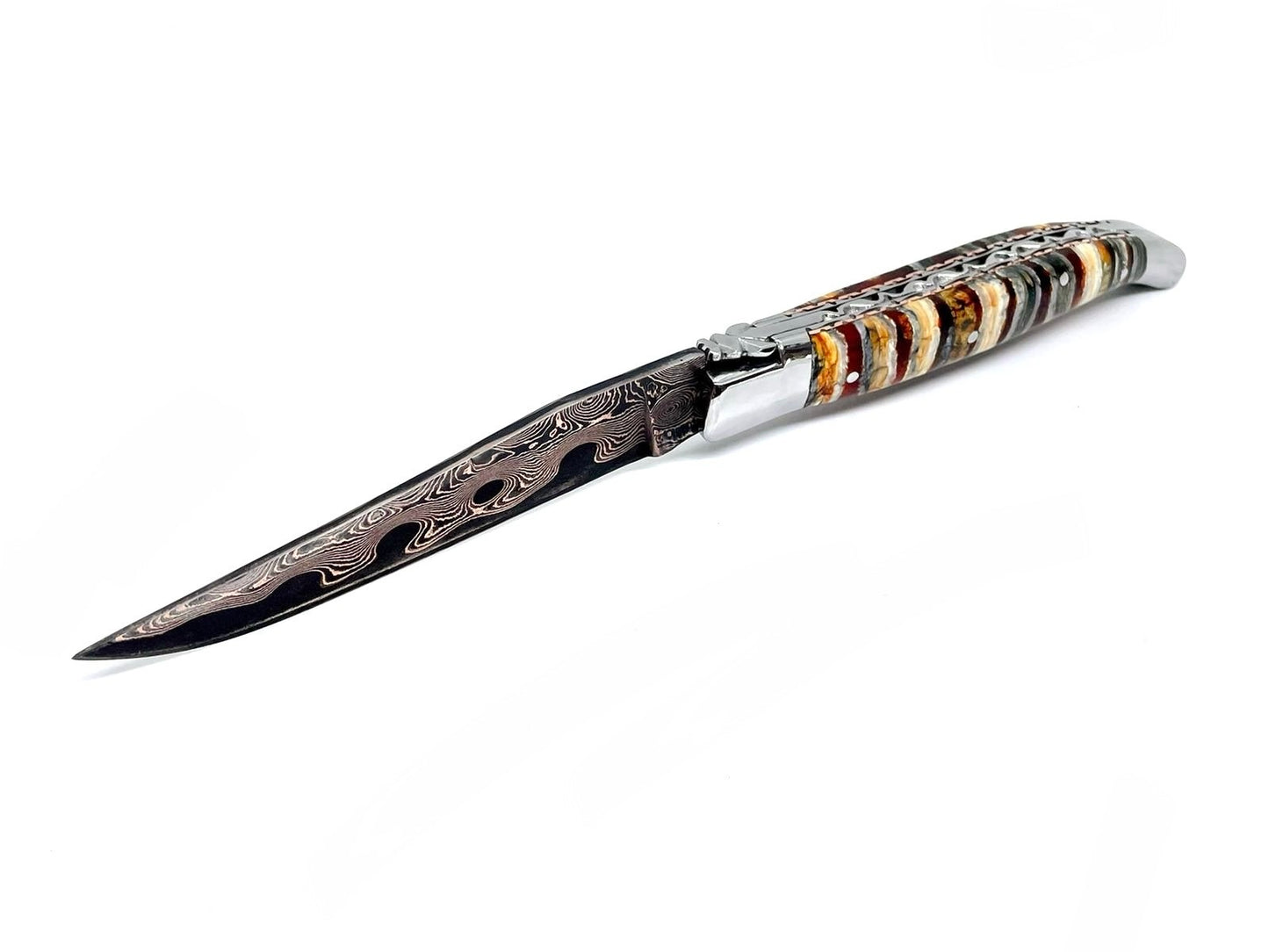 Couteau pliant damas artisanal - Laguiole Molaire de Mammouth stabilisée lame de Damas pliable 12 cm TigerMai-Raindrop